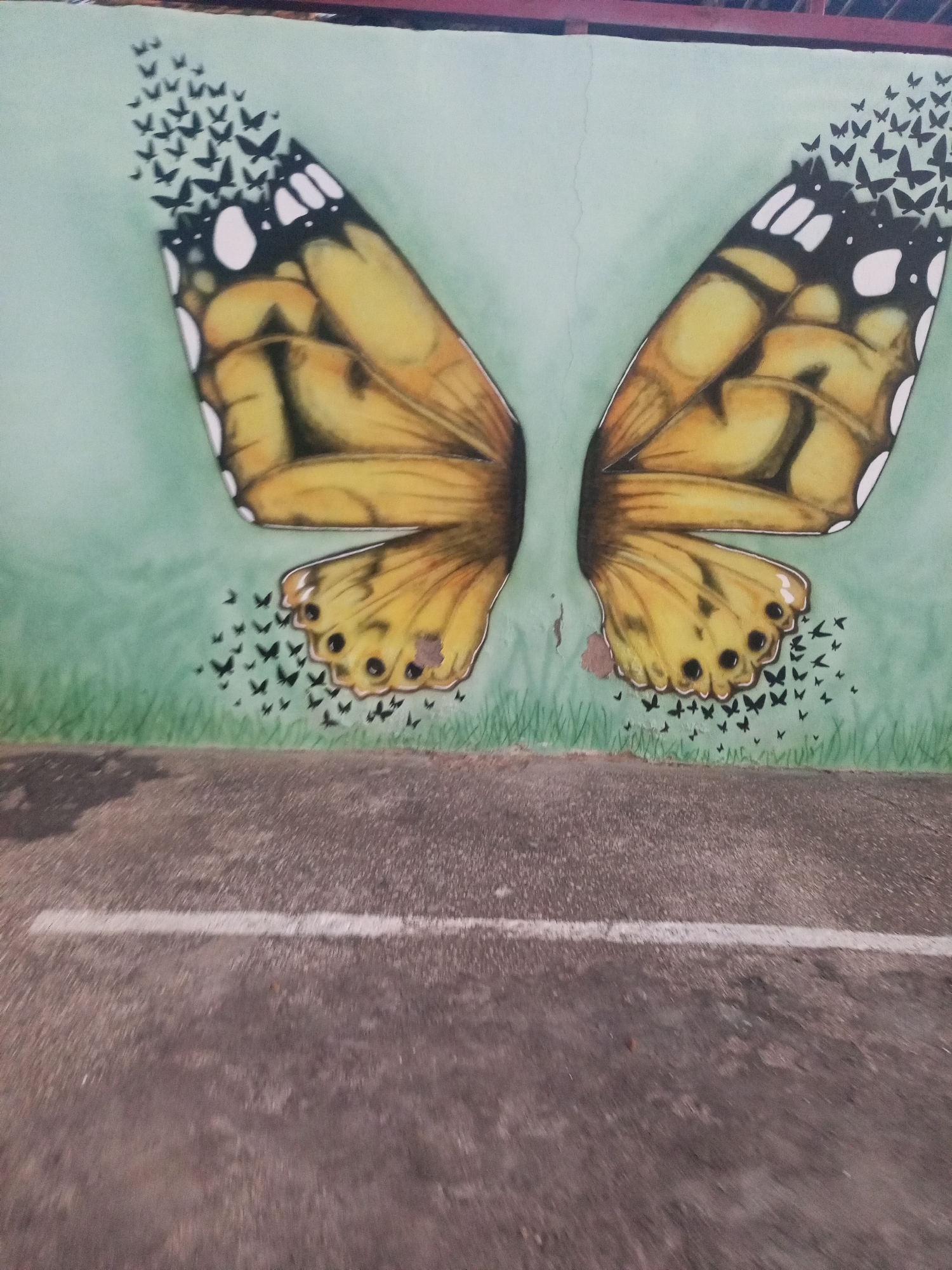 A colorful mural depicts two butterfly wings painted on a wall in what is presumably Juan Griego, Venezuela. The wings are predominantly yellow with black and white markings along the upper edges. The edges of the wings blend into small silhouettes of butterflies ascending or descending. Below the mural is a section of asphalt pavement with a faded white line painted on it.