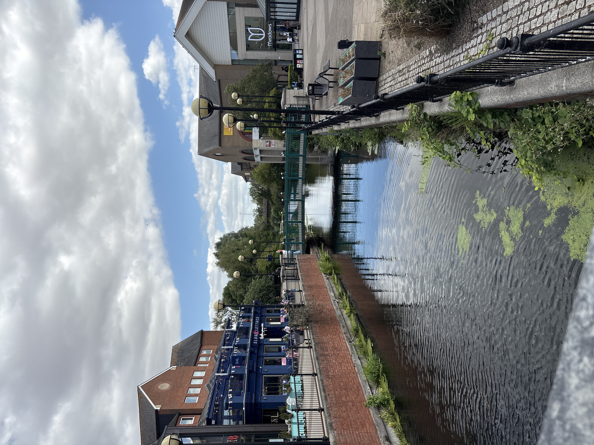 This image shows a canal in Chelmsford, United Kingdom, with buildings on either side. On the left, a blue building with the sign "Slug & Lettuce" is visible, with outdoor seating for patrons. On the right, a modern shopping center with the "Meadows" logo is present. A green pedestrian bridge spans the canal in the middle distance. People are seen dining at the restaurant, walking on the path beside the canal, and entering the shopping center. The canal itself has reflections of the sky and buildings, with patches of green algae floating on the surface. The weather appears to be overcast with some patches of blue sky.