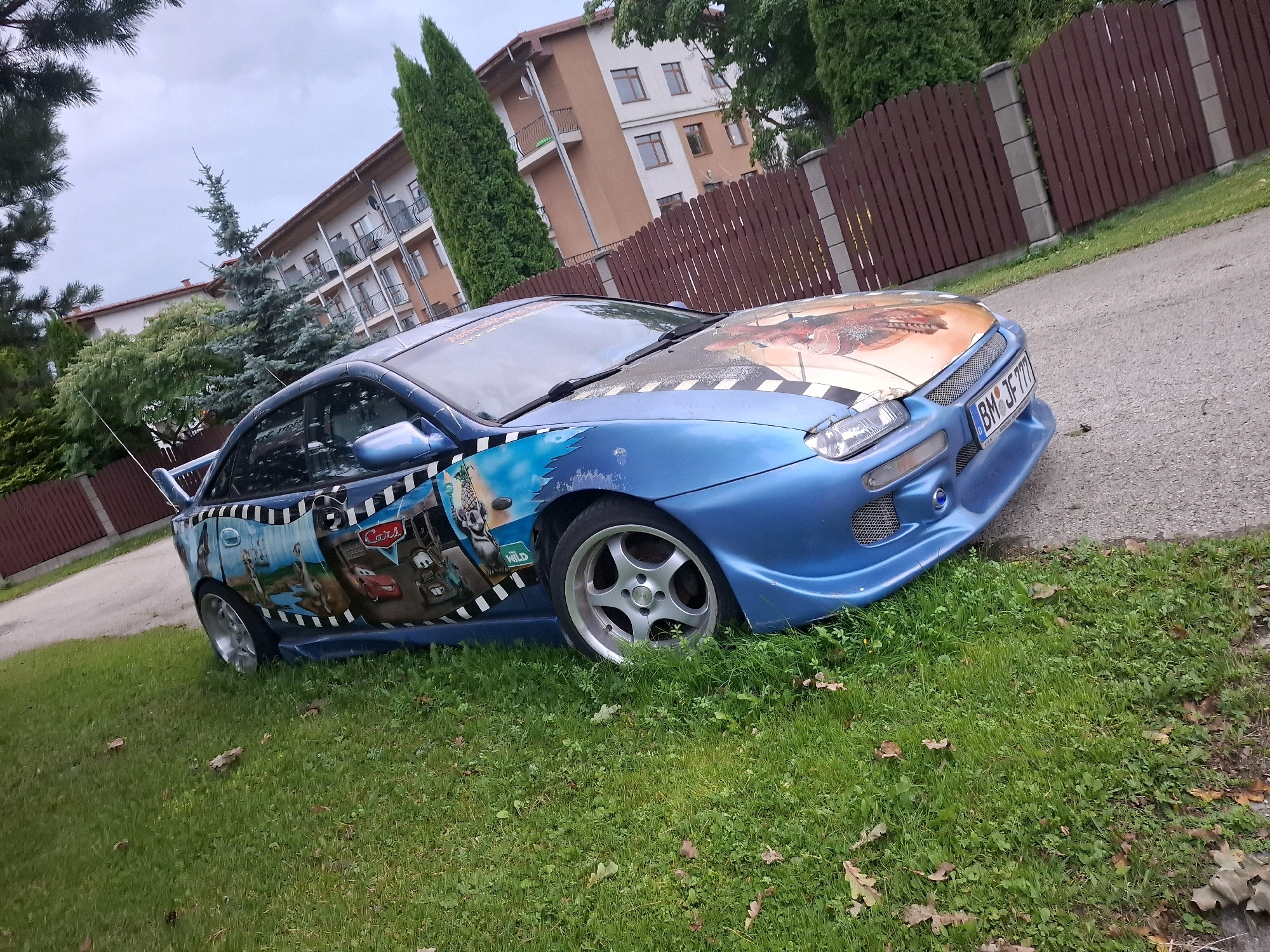 A blue car with custom graphics is parked on a grassy area next to a paved road. The car has cartoon characters from the movie "Cars" and other imagery on its doors and hood. The license plate reads "BM JF 777". In the background, there is a wooden fence, trees, and a multi-story building. The sky is overcast. The scene appears to be in a residential area.