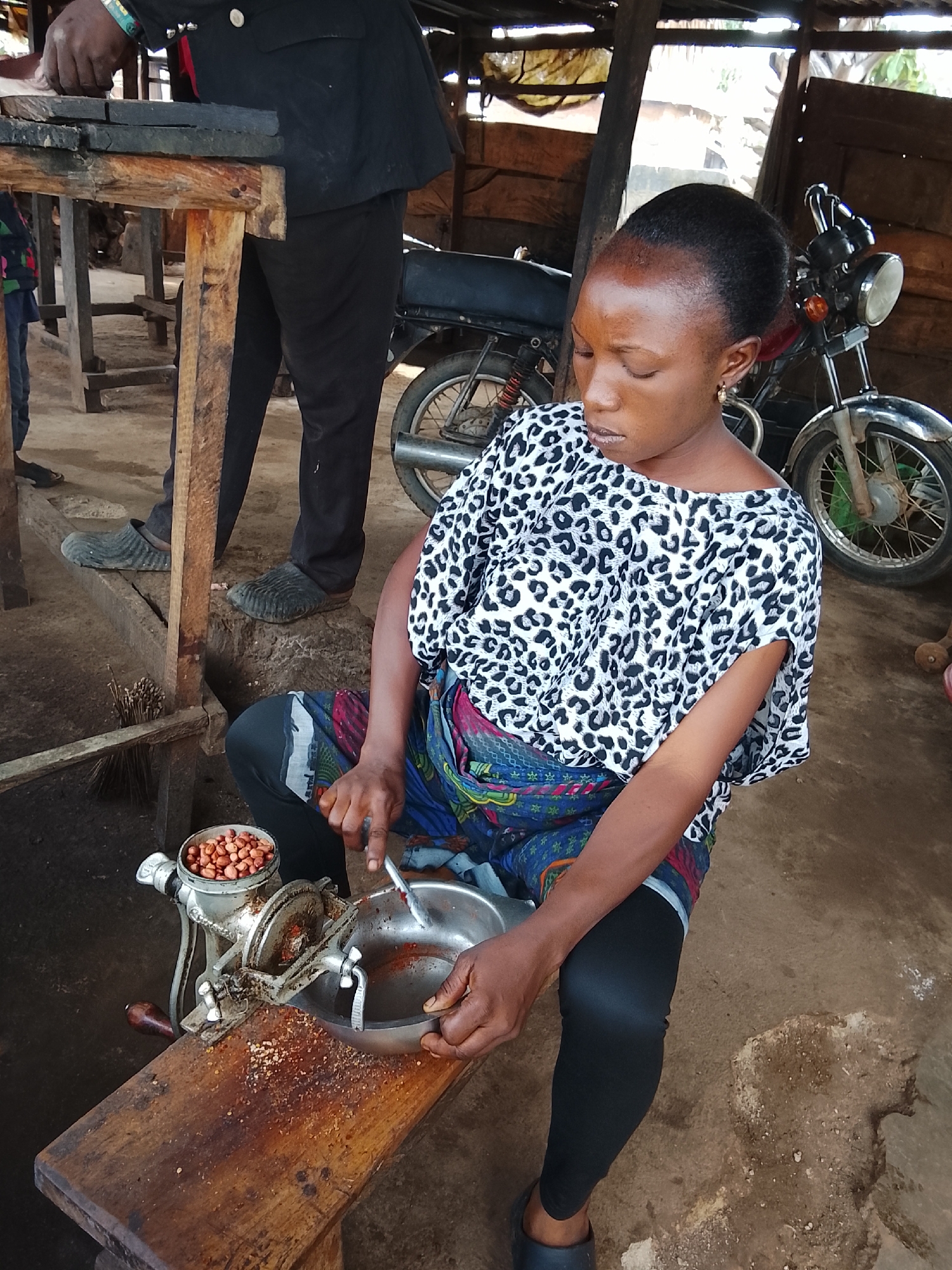 In this image, a young woman with dark hair tied back sits on a wooden bench, actively engaged in grinding peanuts using a manual grinder. Her eyes are downcast, focused on the task at hand. She wears a leopard-print top with short sleeves and a colorful, patterned skirt over black leggings. A metal bowl is positioned to catch the ground peanuts, and a small amount of crushed peanuts is already visible on the wooden surface. The grinder itself is made of metal and has a wooden handle.
Behind the woman, a portion of a motorcycle is visible, suggesting an outdoor or semi-outdoor setting. In the background, the structure appears rustic, possibly a market stall or workshop, with wooden beams and a corrugated roof. The ground is earthen. To the left, another person, partially obscured, is seen standing near a wooden table. The overall scene appears to be a snapshot of daily life and work in Akwanga, Nigeria, likely during daylight hours. The atmosphere is one of focused work, with no overt indications of emotion beyond concentration. There is no visible text in the image.