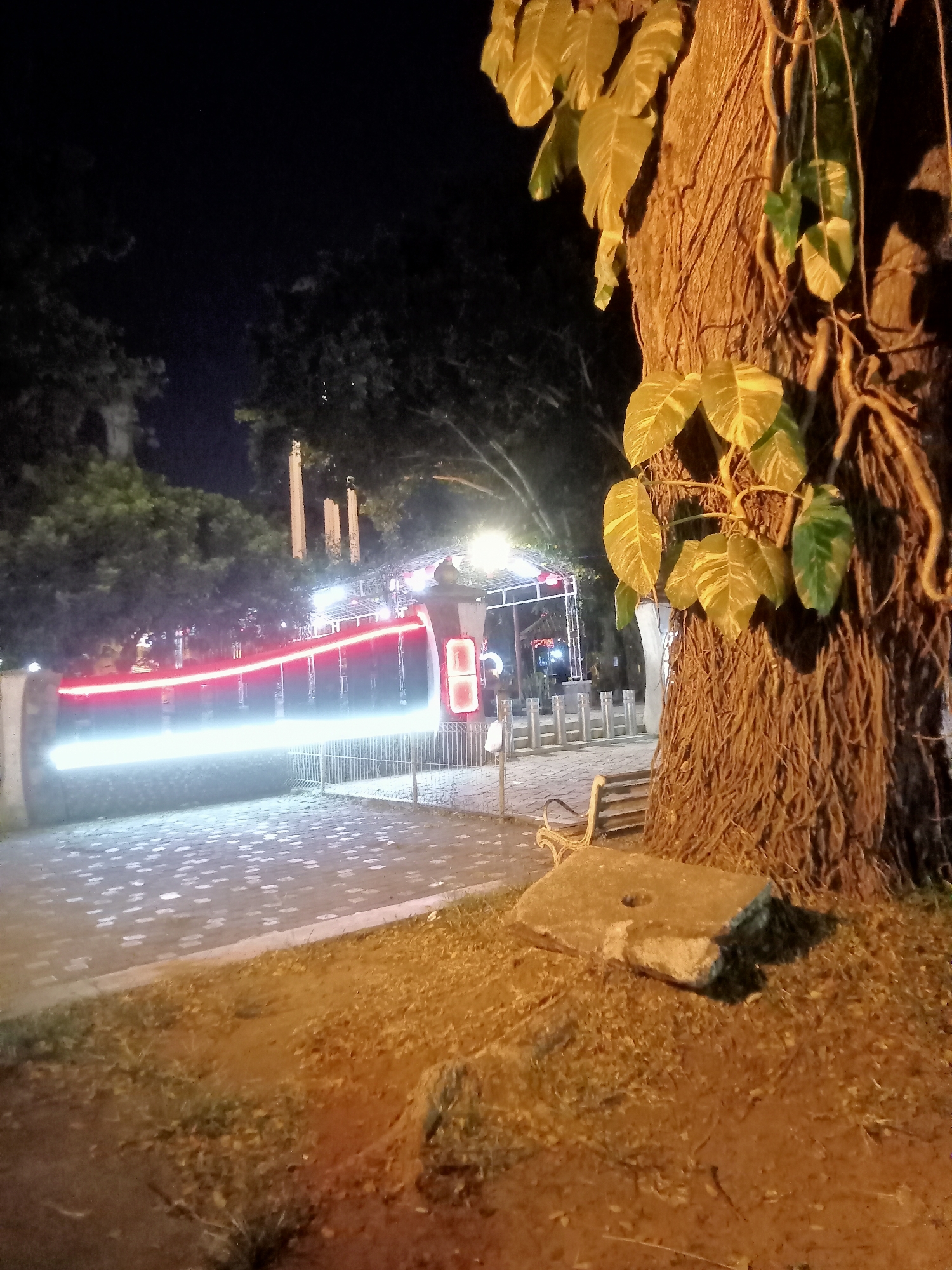 The image depicts an outdoor scene at night, likely in the city of Tulungagung, Indonesia. In the foreground, a large tree trunk with extensive aerial roots dominates the right side of the frame. The tree is illuminated by artificial light, highlighting its textured bark and several large, patterned leaves. To the left of the tree, a paved walkway is visible, and beyond that, a structure with bright red and white lights stretches horizontally. This illuminated structure appears to be some form of barrier or entrance, possibly with signage or decorative lighting. In the background, trees and buildings are silhouetted against the night sky. A concrete bench and a large, flat stone are situated on the ground in front of the tree. The overall ambiance suggests a public space, perhaps a park or a street, with artificial lighting contributing to the nighttime illumination. The area appears to be relatively quiet, with no people or animals clearly visible.