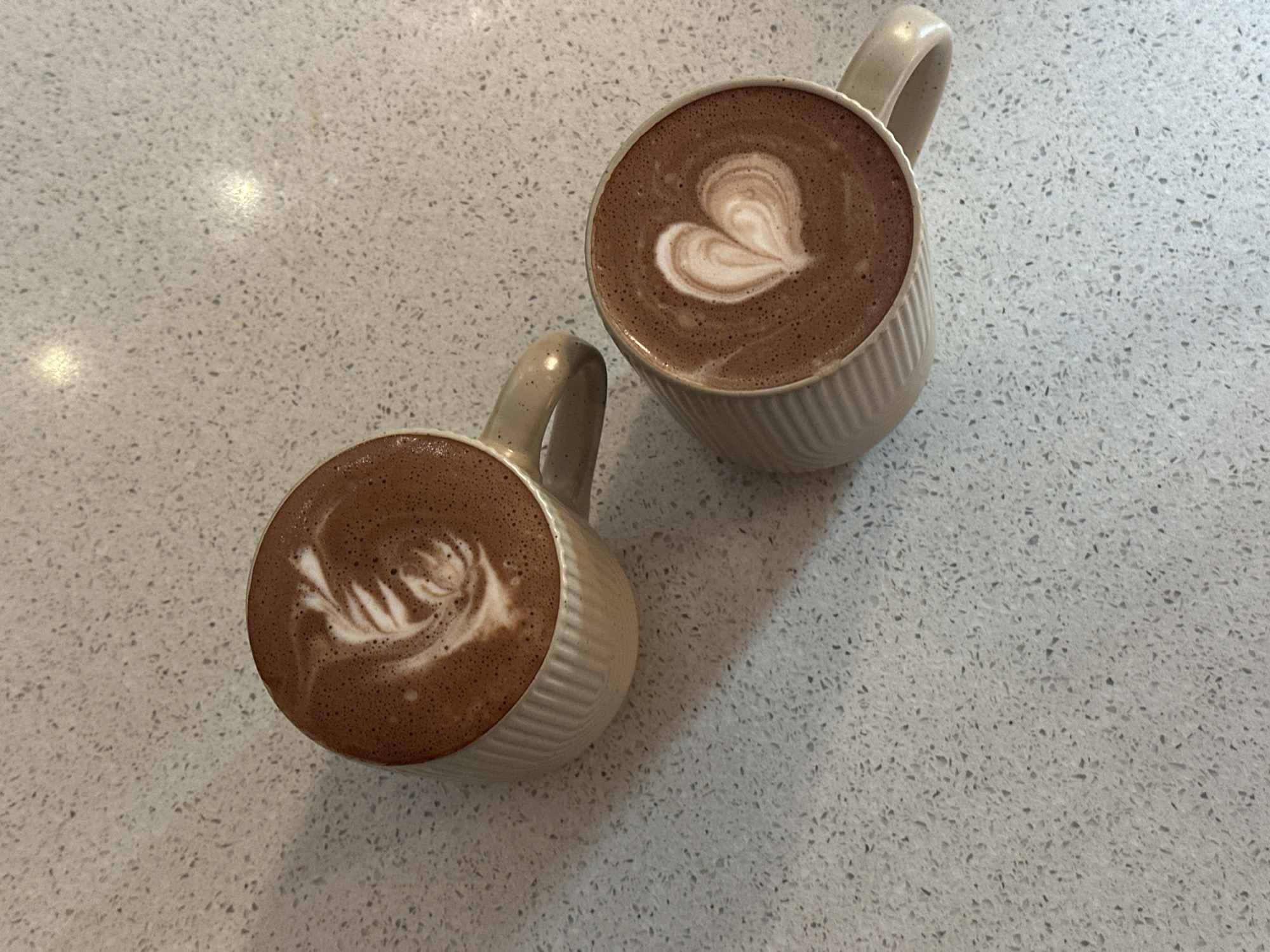 Two mugs of hot chocolate with latte art sit on a speckled countertop. The mug on the right has a heart-shaped design, while the mug on the left has a more abstract, feathery design. The mugs are a light beige color with vertical ridges. The countertop is light gray with dark speckles. The image provides no information about the city or country where it was taken.
