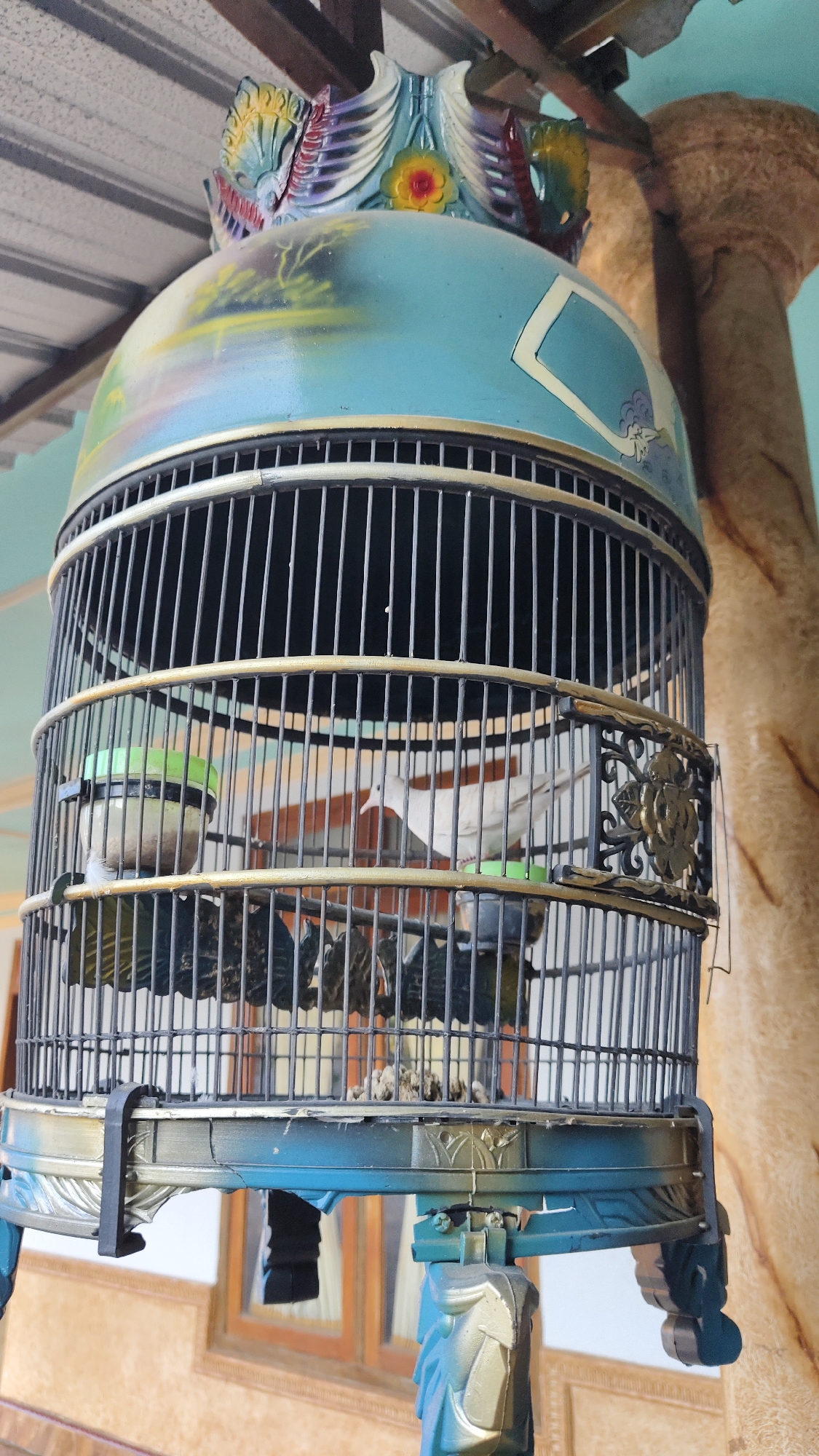 The image shows a close-up, low-angle view of an ornate, circular birdcage containing two birds. The cage is made of dark metal bars with gold trim and a decorative blue and gold base. The top of the cage is also blue and features painted designs and a colorful, bird-like crest. Inside the cage, a white bird is visible on the right, and a bird with green and yellow plumage is on the left, perched near a green food dispenser. The birds appear to be sitting or resting. The background shows a textured, light-colored column on the right and a ceiling with wooden beams and metal sheeting overhead. The foreground shows the lower section of the cage and its decorative legs, which are painted blue and gold. The scene appears to be outdoors, possibly in a garden or courtyard, given the natural lighting and overhead structure. There are no people or human interactions depicted in the image. The specific location in the city of Galis, Indonesia, is not visually identifiable from the image itself.