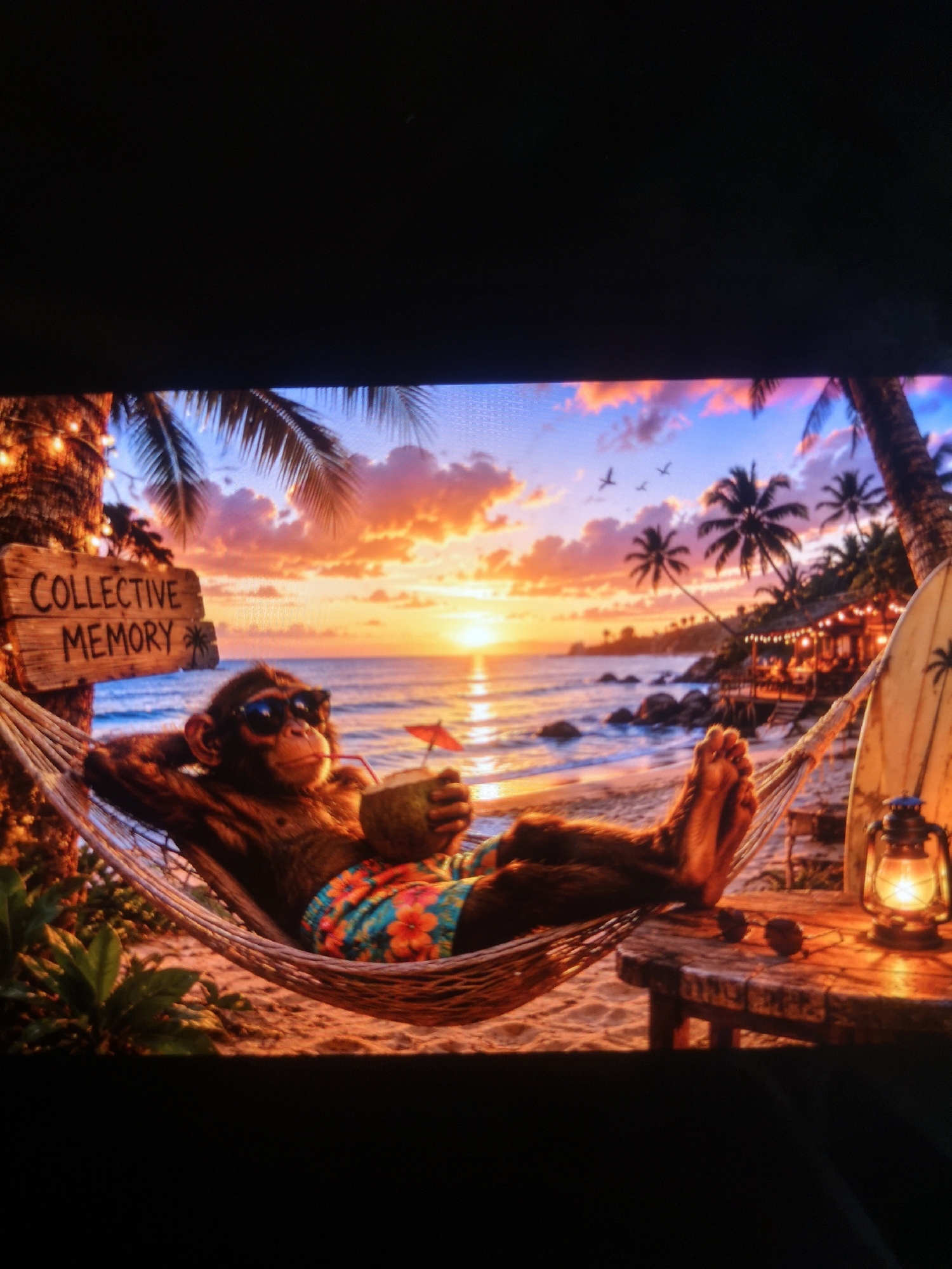 A chimpanzee wearing sunglasses and floral swim trunks lounges in a hammock on a beach at sunset. The chimpanzee holds a coconut drink with a red umbrella. A wooden sign reading "COLLECTIVE MEMORY" hangs from a palm tree to the left of the hammock. The beach setting includes palm trees, a restaurant with string lights, a surfboard, a lantern on a wooden table, and a pair of sunglasses on the table. The beach location is in the city of Unknown, Unknown.