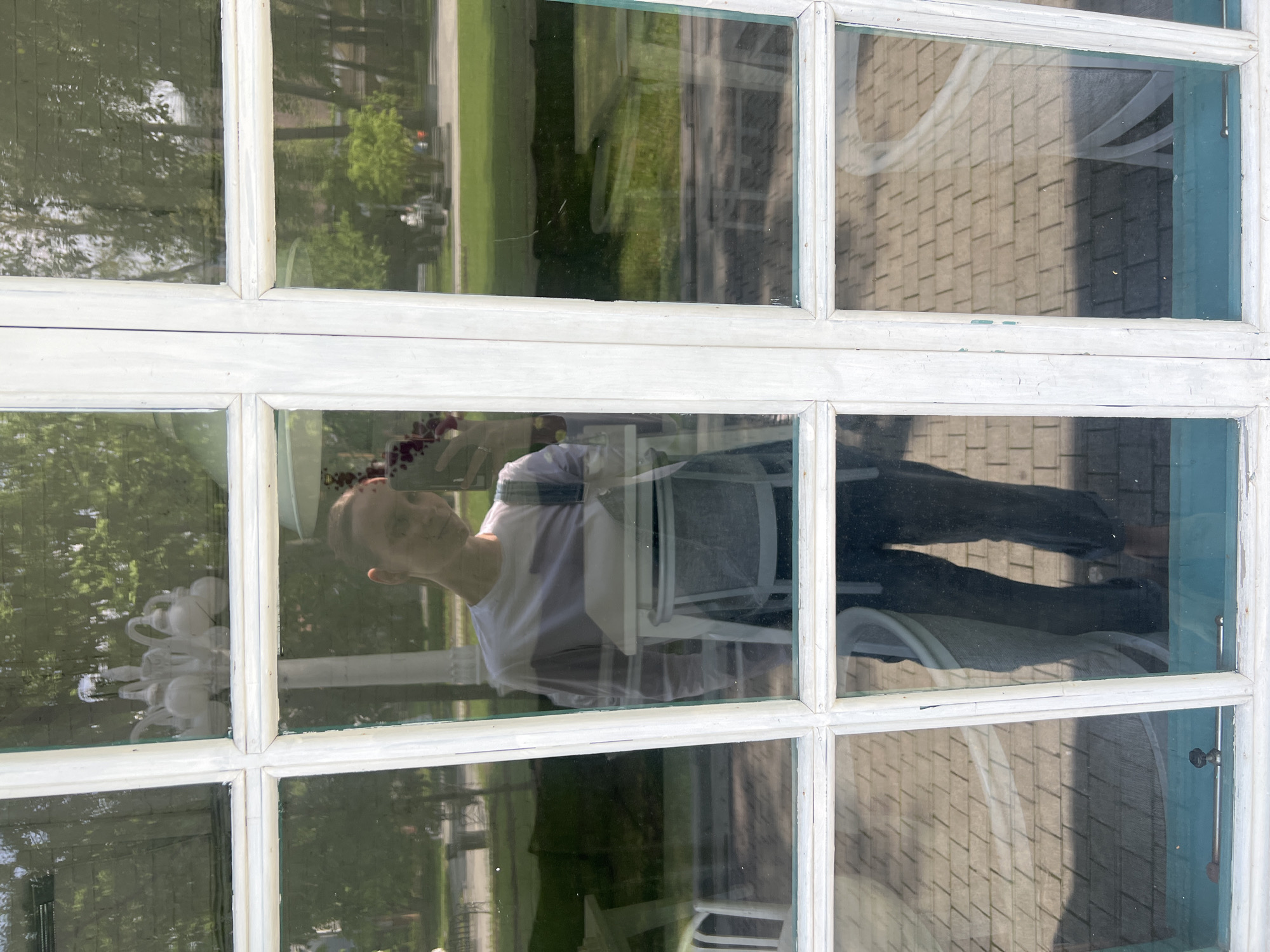 The image shows a person sitting in a chair, reflected in a multi-pane window. The window frame is painted white. Outside, there is a view of trees and what appears to be a brick walkway. Based on the location identified as Moscow, Russia, and the presence of a swan-themed decoration, the setting could possibly be Gorky Park.