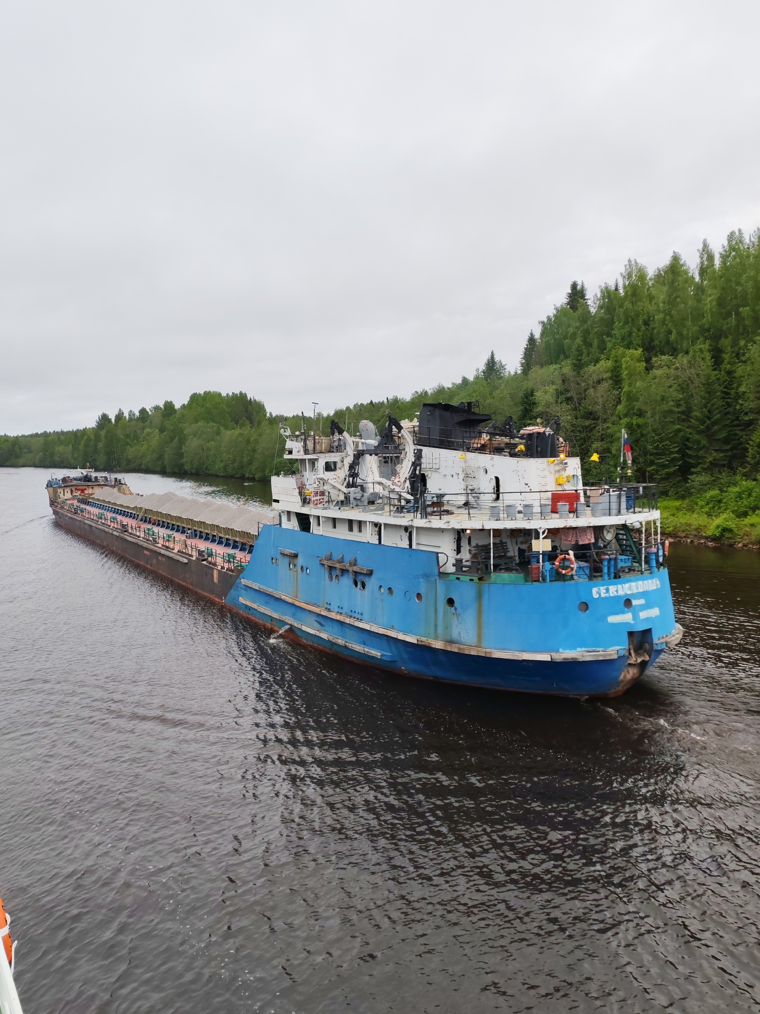A blue and white river cargo vessel, named "C. Серастополь" (S. Sevastopol), is navigating a river. The vessel is towing a long barge filled with gravel. The riverbanks are lined with dense green trees. The sky is overcast. The location is likely near the city of Depo, Russia.
