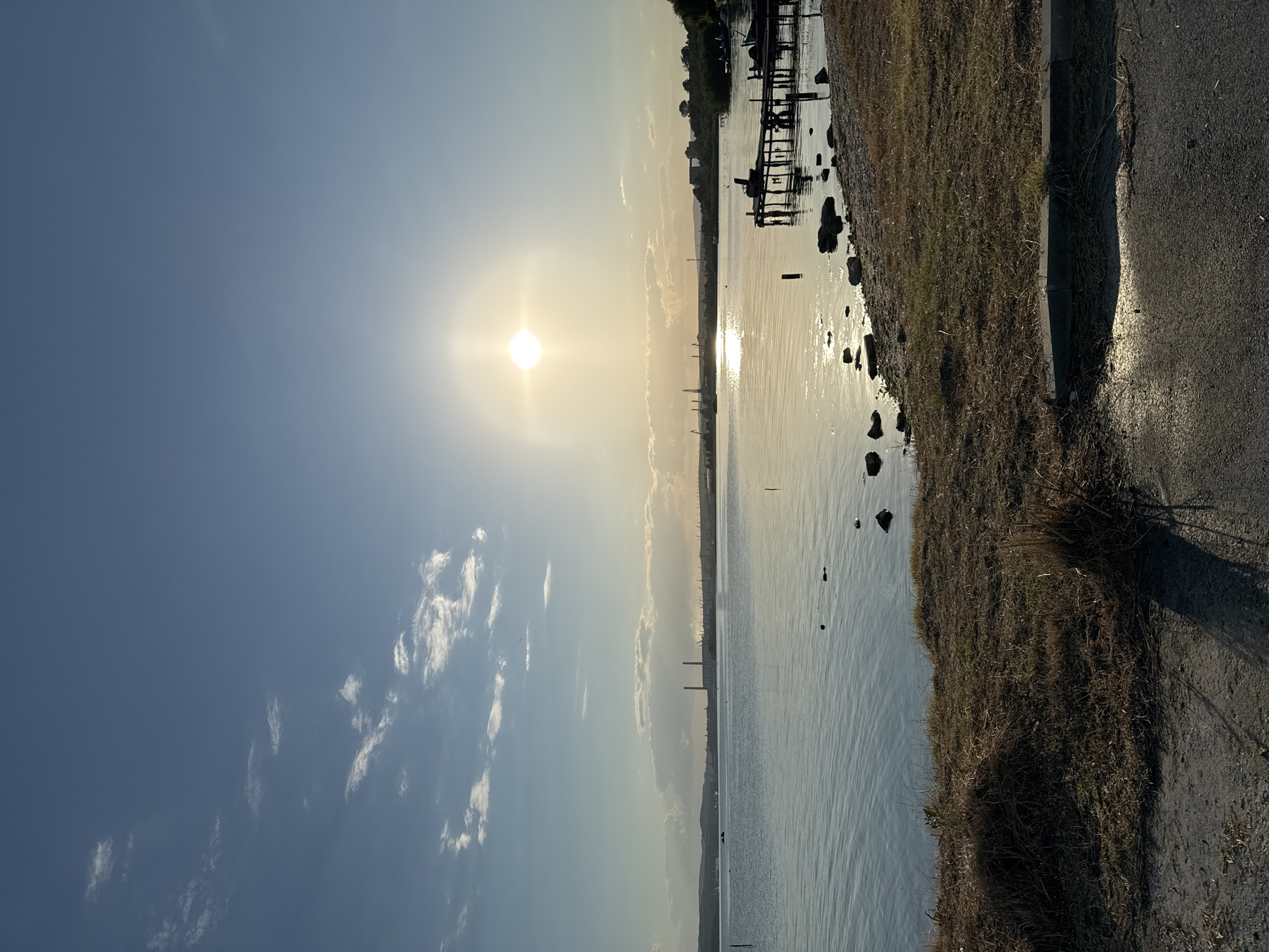 The image depicts a serene sunset scene over a body of water, likely a lake or a bay, with a distant industrial complex visible on the horizon. The sun, a bright orb, is positioned in the upper center of the frame, casting a warm, golden glow across the water and the sky. The sky is a clear blue, with a few wispy clouds scattered across it.
The foreground of the image shows a grassy, unkempt shoreline with scattered rocks. A dark, asphalt-like path runs along the bottom edge of the frame. A small, wooden pier extends into the water from the right side of the image, with a chair or bench placed on it. In the distance, the industrial complex features several tall, smokestack-like structures, suggesting a power plant or factory. The water is calm, with gentle ripples reflecting the sunlight. There are no people visible in the image.
The scene is likely located in the vicinity of Казашко, Bulgaria, an area known for its industrial activity and proximity to water bodies like Lake Varna and the Black Sea. The presence of industrial structures on the horizon strongly suggests this geographical context. The overall atmosphere is one of tranquility and industrial grandeur.