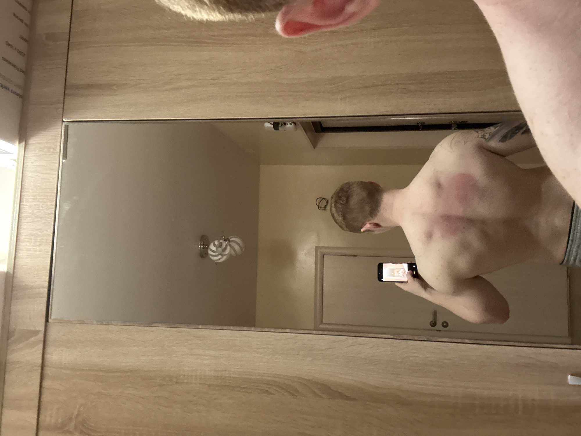 A person is standing in front of a mirror, taking a photo of their back with a smartphone. The person has fair skin and short blonde hair. Their back appears to have some red marks. The background reflects a room with a door and a light fixture. The mirror is framed by light-colored wood. It's impossible to determine the exact location in Chaikovsky, Russia, based on this image alone.