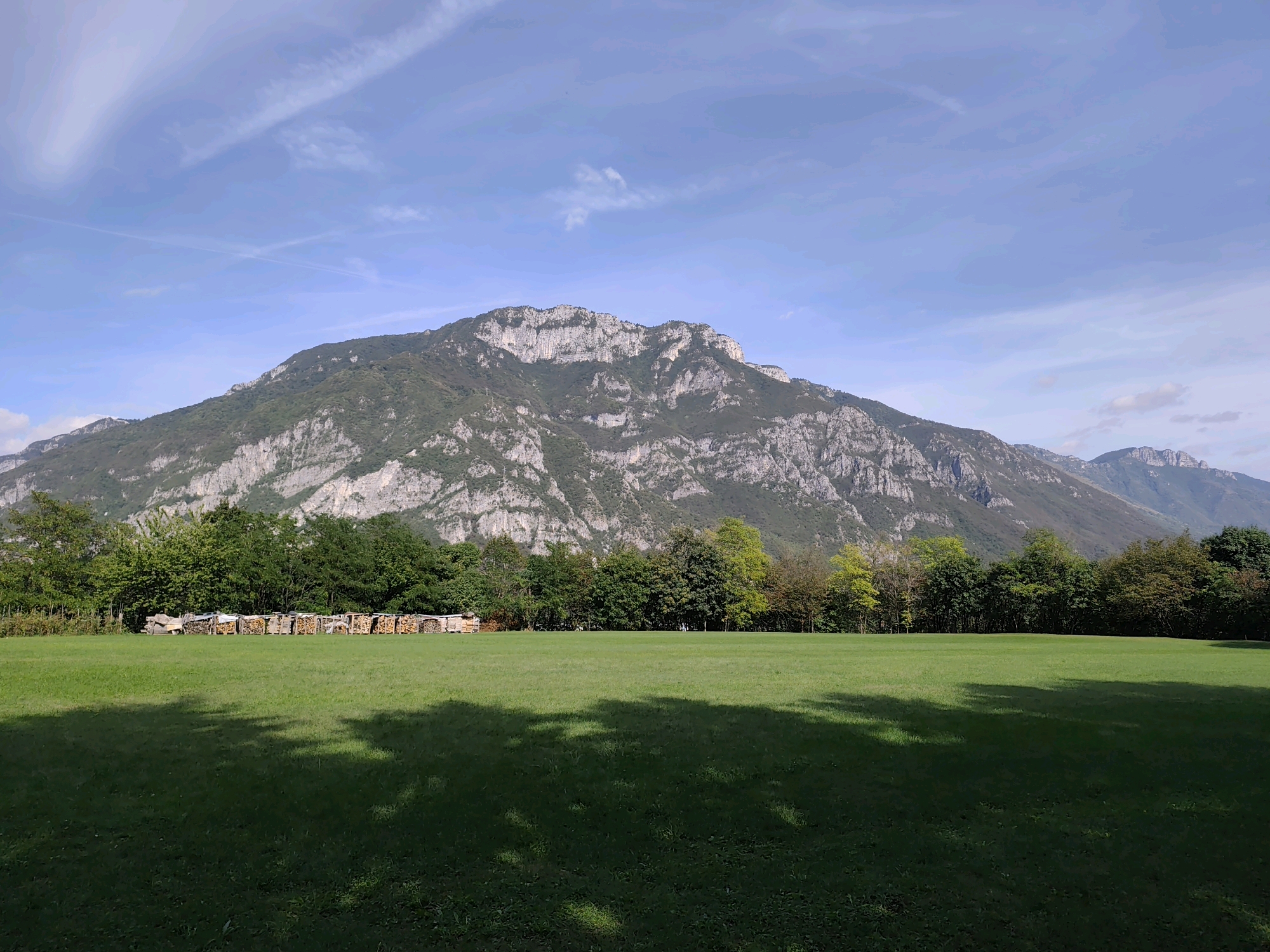 A wide, expansive shot depicts a verdant, manicured lawn in the foreground, with the distinct shadows of unseen trees cast across its surface. In the middle ground, a dense line of trees forms a verdant border, punctuated by neatly stacked piles of firewood. Beyond the trees, a majestic, rocky mountain range dominates the background, its slopes a mix of gray rock and scattered green foliage. The sky above is a clear, pale blue, adorned with wispy white clouds and faint contrails. The overall scene evokes a sense of peaceful, natural beauty.