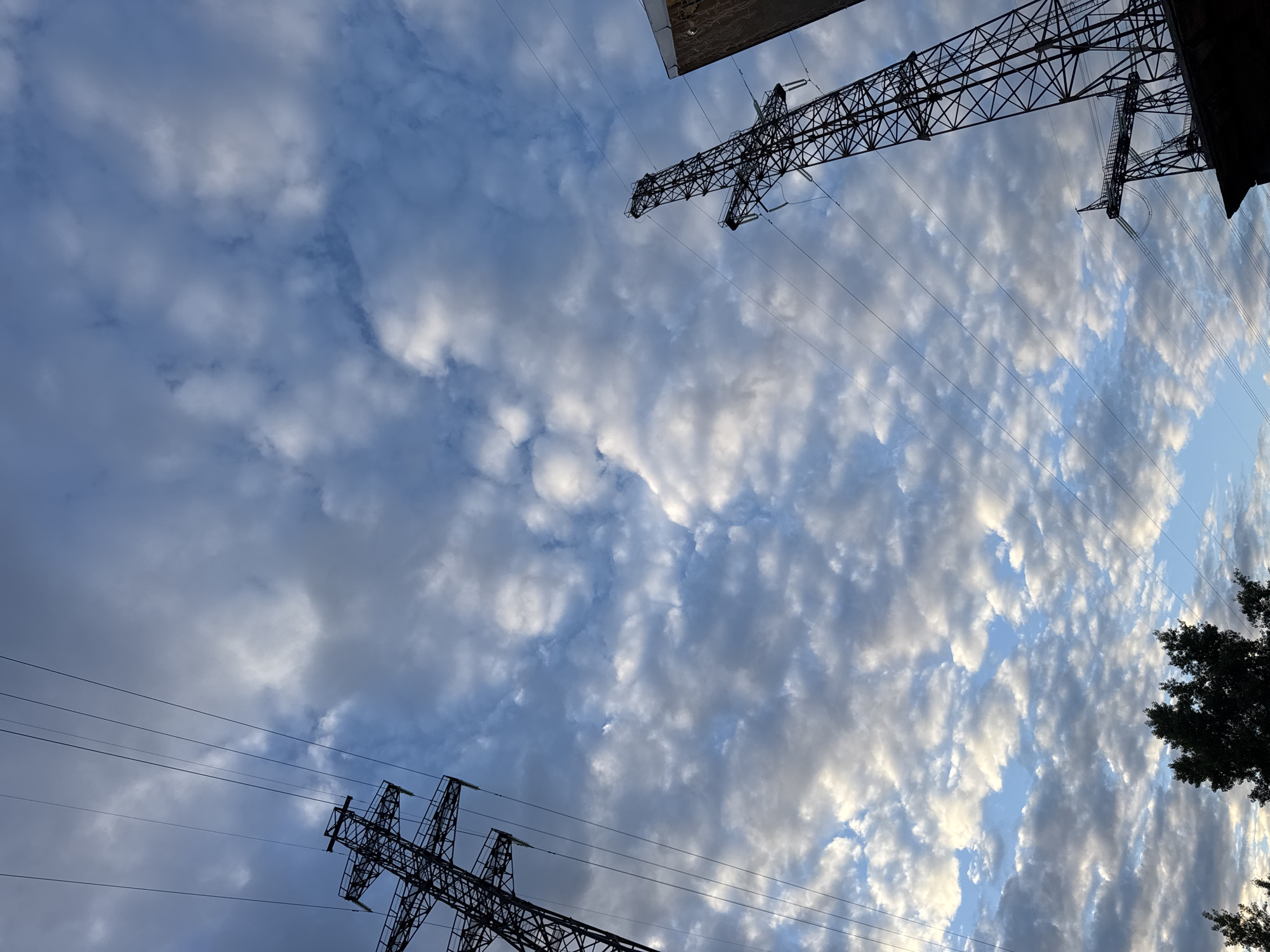 This image, taken in the city of Chaikovsky, Russia, depicts a low-angle view of the sky filled with scattered clouds. Several dark silhouettes of electricity pylons and power lines dominate the foreground and midground. To the left, a large pylon stands diagonally, with its lattice structure clearly visible against the sky. Power lines stretch across the frame from this pylon. Towards the right, another pylon of similar construction is also silhouetted, with a portion of a building or structure appearing to its right. In the lower portion of the image, the dark silhouettes of trees are visible, with the branches of one large tree prominent in the bottom left. The sky itself is a mix of blue patches and white and grey clouds, suggesting either dawn or dusk. The overall scene is industrial and atmospheric, focusing on the juxtaposition of man-made structures against the natural backdrop of the sky.