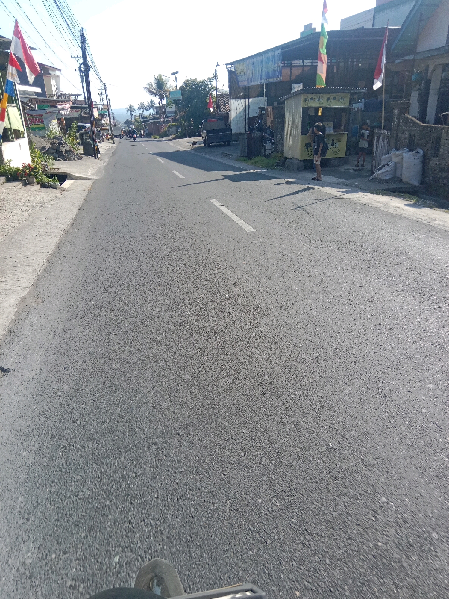 This is a street-level, eye-level, first-person perspective shot of a road in Kertek, Indonesia, with a clear, sunny sky. The road is paved and appears to be a two-lane street with a white dashed line in the center. The foreground shows the front of a vehicle, likely a motorcycle, with its wheel and part of the frame visible.
On the left side of the road, there is a sidewalk and then buildings. Several Indonesian flags are displayed prominently on poles in front of the buildings. One building appears to be a shop or stall with a yellow awning and several sacks of goods stacked nearby. Two individuals are visible standing near this stall. A few motorcycles are parked on the side of the road.
On the right side of the road, there are more buildings and some vegetation. A red and white Indonesian flag is also visible on this side. The background shows more buildings and some palm trees, suggesting a tropical or subtropical environment. The overall impression is a typical street scene in a town or village in Indonesia.