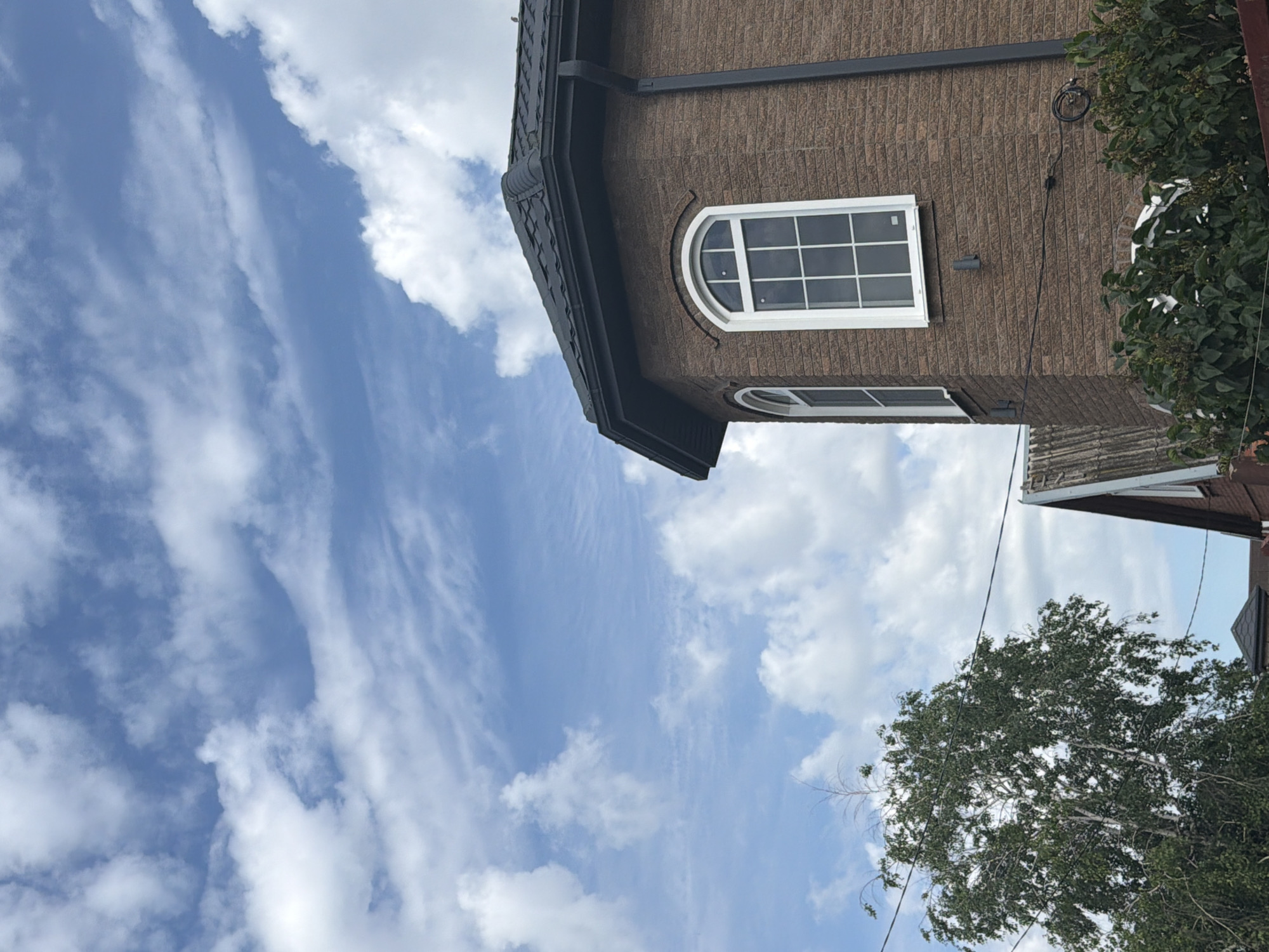 The image depicts a close-up, low-angle view of a brick building with arched windows and a dark-tiled roof. The building is constructed of brown, textured bricks. Two arched windows are visible on the side of the building, each with white frames and grid divisions. The roof has dark, overlapping tiles and a black gutter system. The sky above is blue with scattered white clouds. To the left, a large, leafy green tree is visible, with some thin, bare branches extending upwards. Power lines run across the scene. In the foreground, at the bottom right, dense green foliage is present. The overall setting appears to be residential. The location is identified as Leningradskaya, Russia.