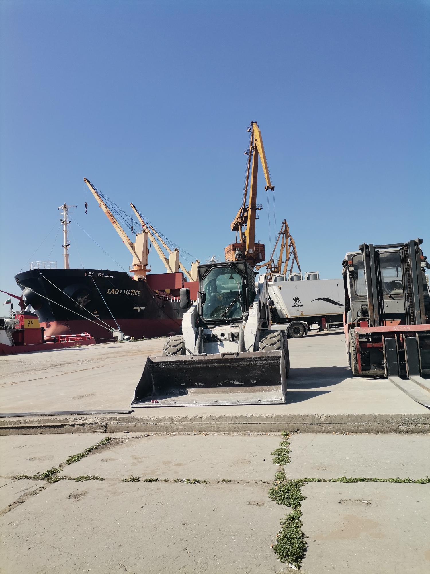 This image depicts a harbor scene in Ezerovo, Bulgaria, under a clear blue sky. In the foreground, a white skid steer loader with a black bucket is parked on a paved surface. To the right of the skid steer, a red and black forklift is also present. In the middle ground, a white truck with "WIELTON" branding and an image of a camel is visible, positioned between the skid steer and a large cargo ship named "LADY HATICE" docked in the background. The ship is painted black and red, with cranes extending from its deck. Several other cranes are visible in the distance, along with a clear expanse of sky. The ground is a light-colored concrete with some cracks and patches of greenery.