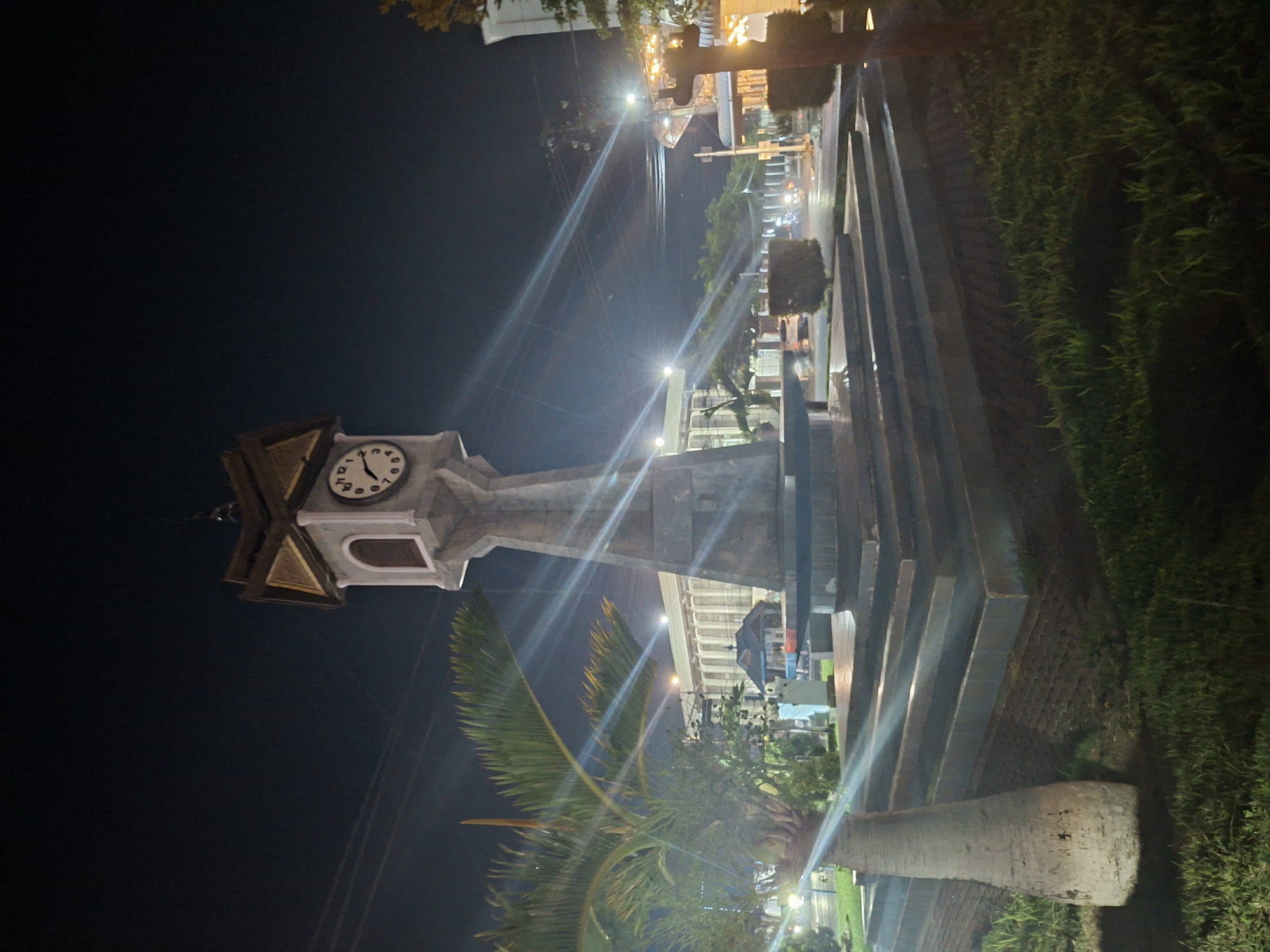 This night-time, low-angle photograph shows the Jam Gadang Lhokseumawe, a clock tower in the city of Lhokseumawe, Indonesia. The clock face is visible on the upper section of the tower, which is adjacent to a tall palm tree. In the background are illuminated buildings and streetlights. To the right of the tower is a tiered concrete seating area and a landscaped area with green foliage. The sky is dark.