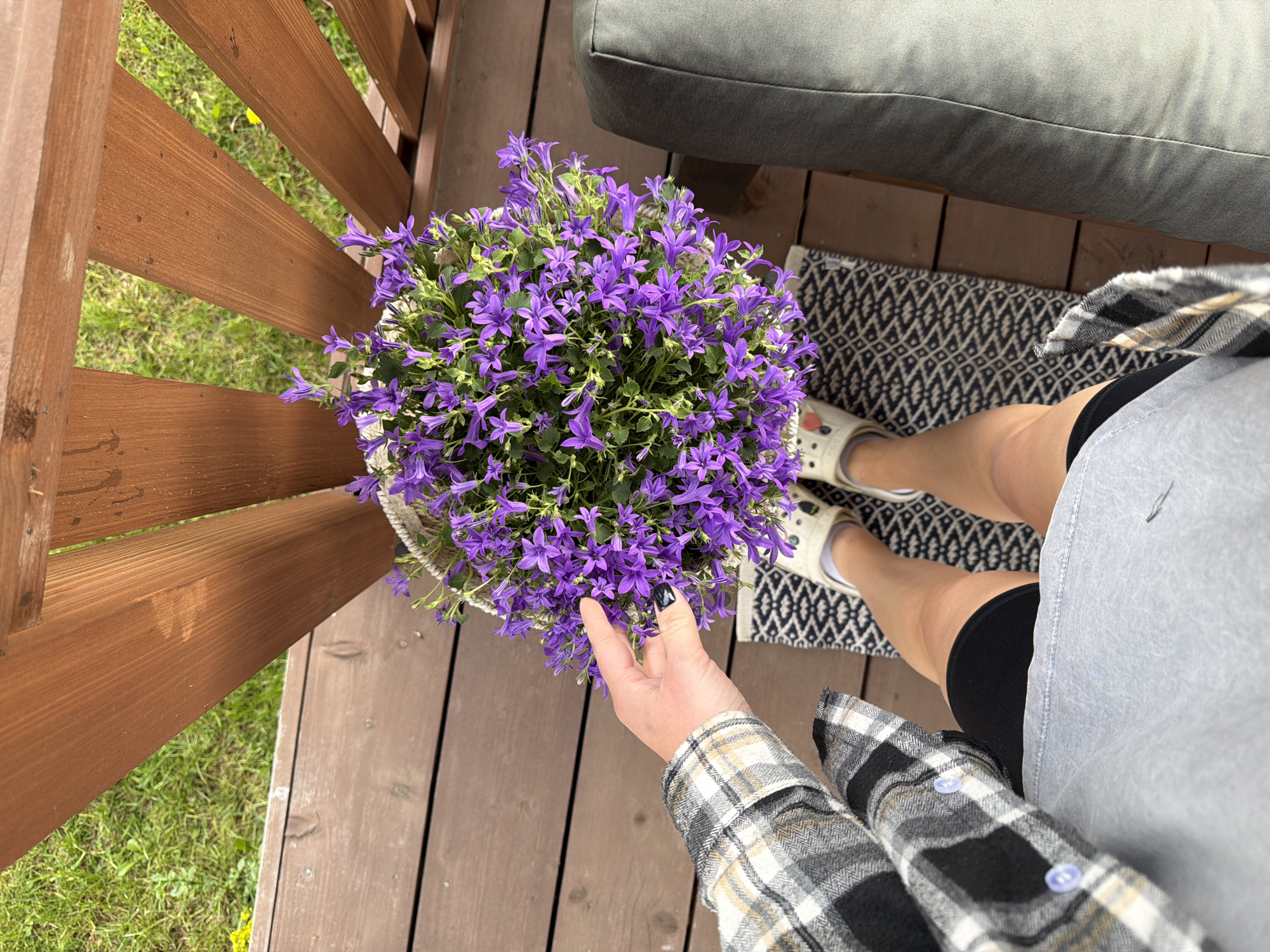 From a high angle, the image captures a person on a wooden deck, possibly in Dreiliņi, Latvia, given the request. The person is holding a pot of purple flowers. Their outfit consists of a black and white plaid shirt, black shorts, and white clogs. A small patterned rug is underfoot near a grey sofa cushion. The deck is made of brown planks, and a wooden railing is visible to the left, with a glimpse of green grass and yellow flowers beyond.