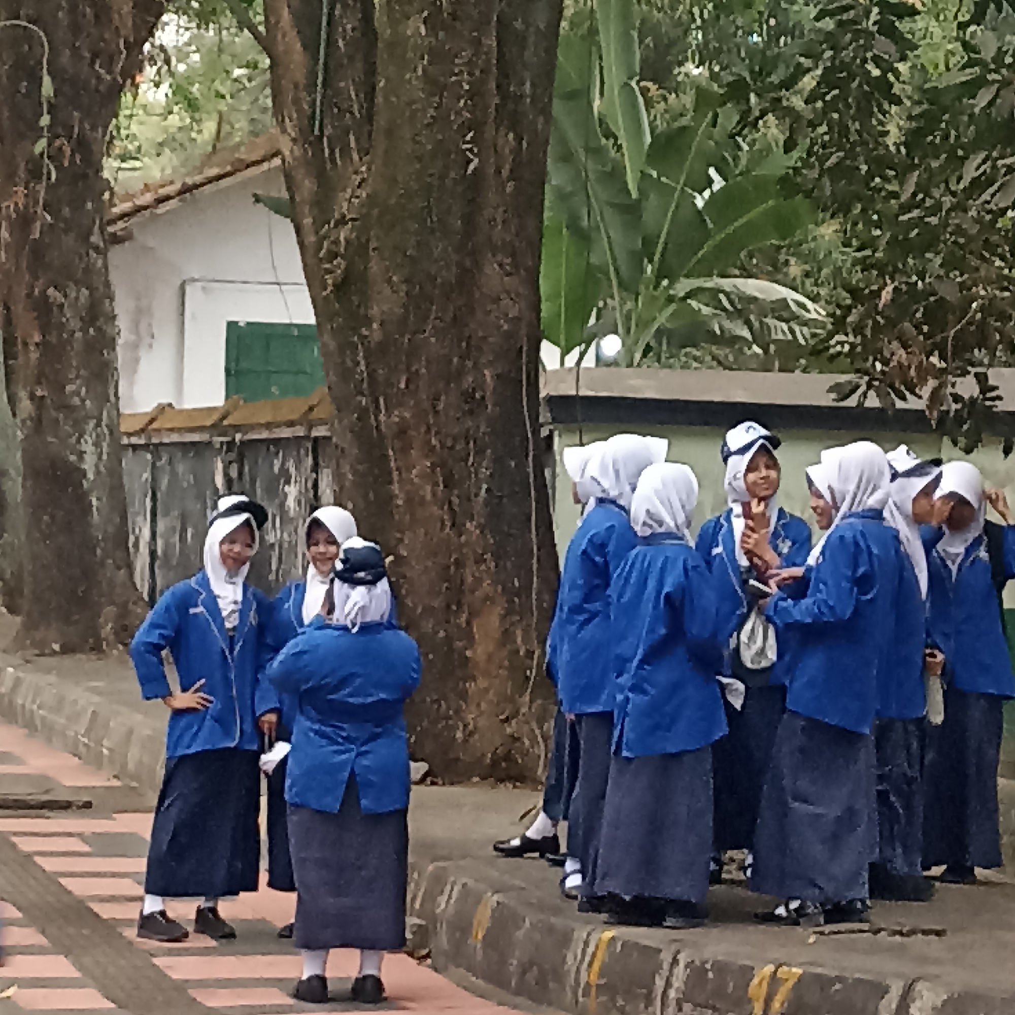 A group of approximately eight young women wearing matching blue uniforms with white hijabs and black or white caps are gathered outdoors. Their uniforms consist of blue jackets and dark blue skirts. Some are standing, with one woman in the foreground on the left with her hand on her hip. Others are in conversation, with some looking towards each other and one woman appearing to offer something to another. They are standing on a sidewalk with patterned paving stones. Behind them are large trees, a white building with a green window, and dense foliage. The scene suggests an informal gathering or a break from an activity, possibly at a school or educational institution. The presence of trees and a building suggests an outdoor, possibly urban or suburban, environment. The style of the building and the attire of the women could indicate a location in Indonesia, potentially within the city of Magelang, given the prompt.