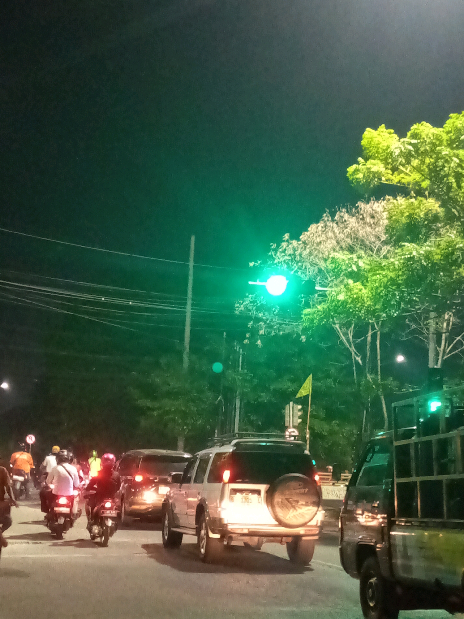 The image captures a nighttime scene on a street in Bekasi, Indonesia, likely during a traffic jam. A traffic light displaying green is visible in the upper center, illuminating the surrounding trees and foliage. Several motorcycles, some with riders, are part of the congestion. A silver SUV with a spare tire mounted on the back is prominent, and a dark truck with a caged rear is to its right. The road surface appears to be asphalt, and power lines crisscross the dark sky. The overall atmosphere is one of urban night activity with a slow-moving traffic flow.