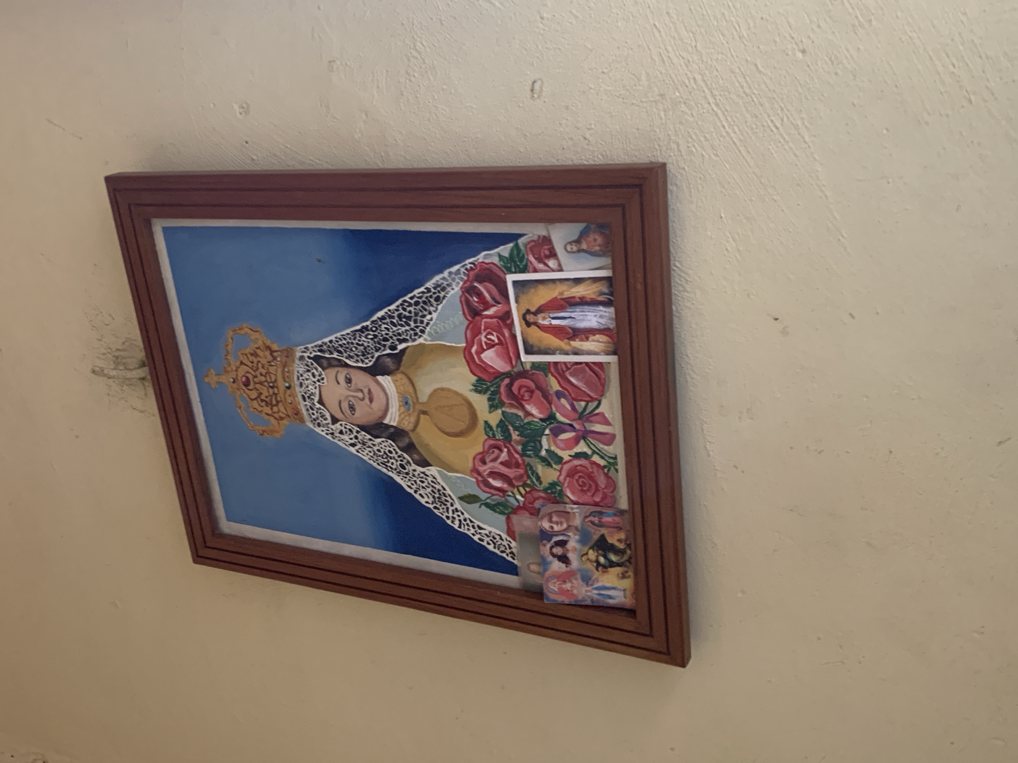 A framed painting of a crowned woman, likely religious in nature, hangs on a textured, light-colored wall. The painting depicts the woman with a veil adorned with white lace, a golden crown with red jewels, and a gold necklace. She is surrounded by pink roses and a blue background. Below the main painting, a collection of smaller religious images is affixed to the frame. These include a depiction of the Virgin Mary with a child, another image of a woman with a halo, and a figure in red robes. The overall impression is of a devotional display. The location is described as being in the city of Santa Ana, Venezuela.