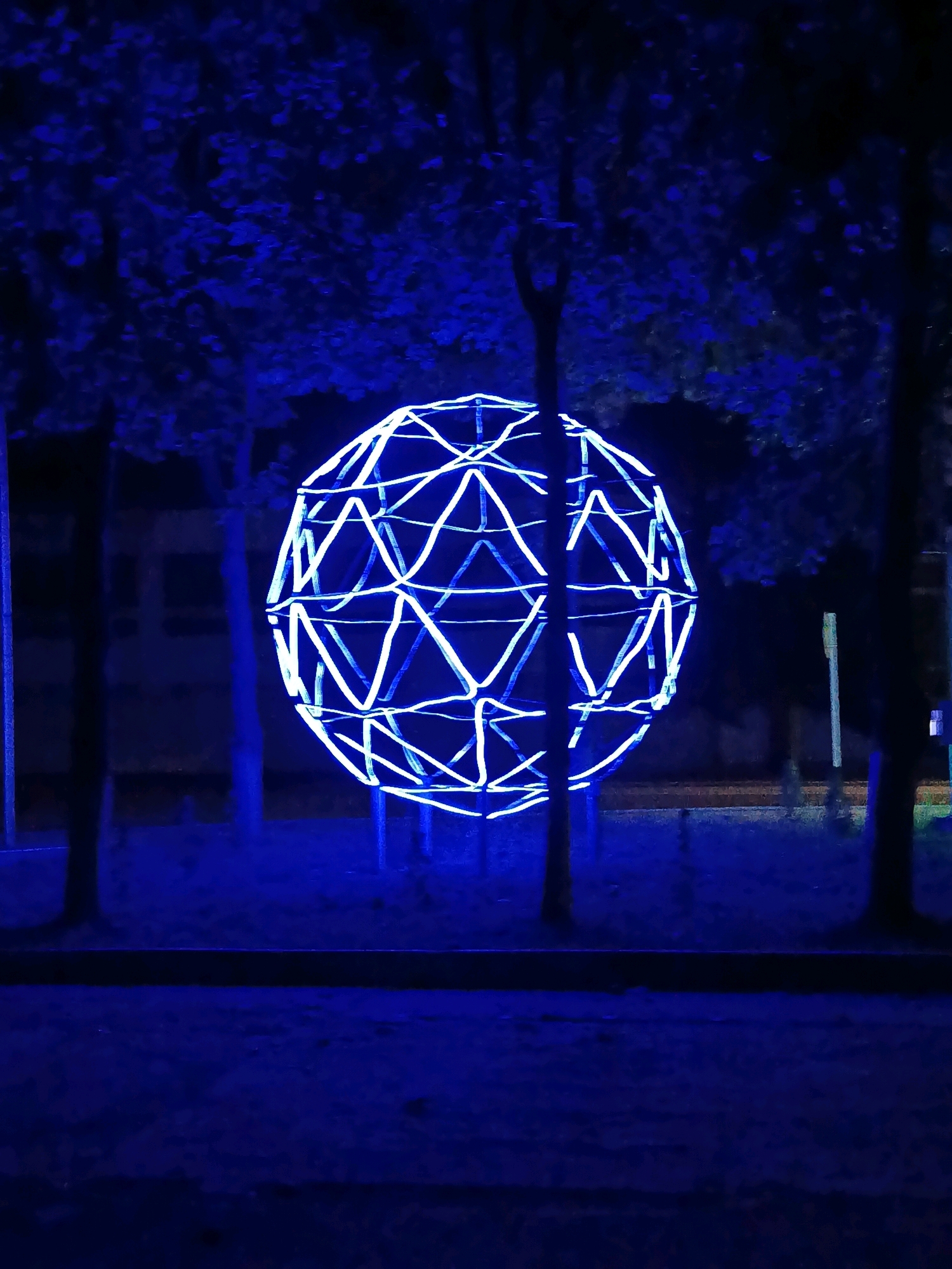 In Svietlahorsk, Belarus, a glowing, spherical art installation composed of interconnected white lines illuminates a park at night. The geometric structure, resembling a geodesic dome, is a vibrant blue due to the surrounding ambient light. Several trees with dark trunks and foliage frame the installation, creating a sense of depth. In the background, faint structures and a fence are visible, suggesting an urban park setting. The ground in the foreground is a dark, textured surface, possibly a pathway or lawn. The overall atmosphere is serene and illuminated by the striking blue light of the artwork.