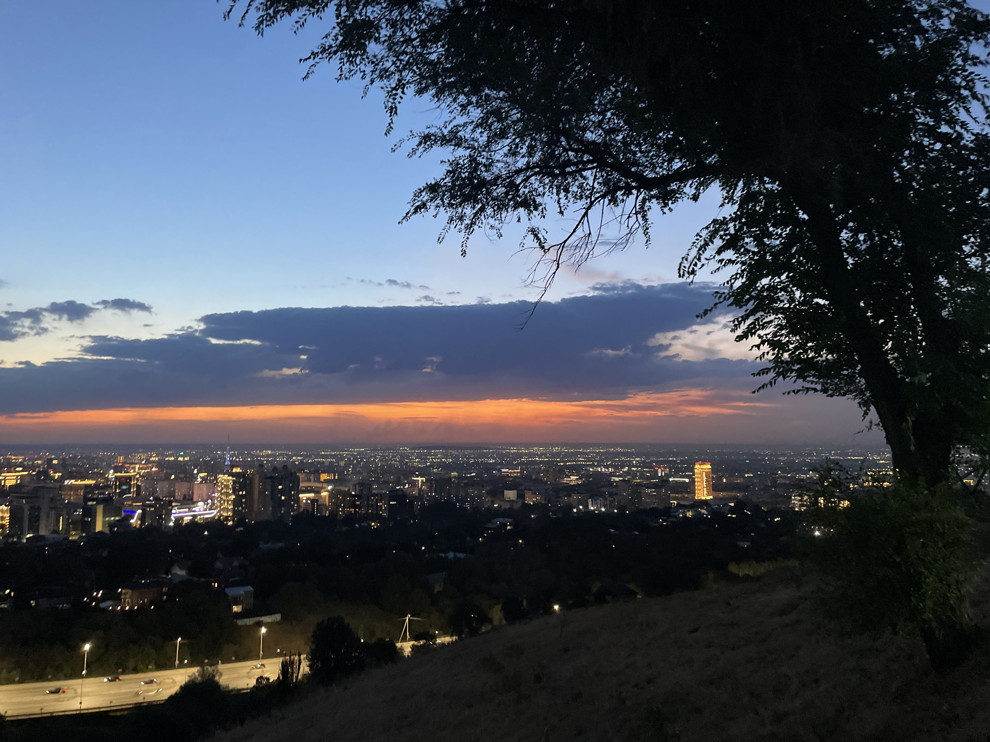 The image captures a panoramic view of Almaty, Kazakhstan, at dusk. The sky transitions from a deep blue at the top to vibrant orange and pink hues near the horizon, with scattered dark clouds. In the foreground, a large, silhouetted tree frames the right side of the scene, its branches extending into the sky. The middle ground is a dark, hilly terrain covered in dry grass. Below this, the city sprawls across the landscape, illuminated by thousands of lights. Prominent buildings and high-rises are visible, with one distinct tall building glowing brightly in the center of the cityscape. A highway with moving vehicles, their headlights and taillights creating streaks of light, is visible in the lower left quadrant, cutting through the dark landscape. The overall impression is of a city transitioning from day to night, viewed from an elevated vantage point.