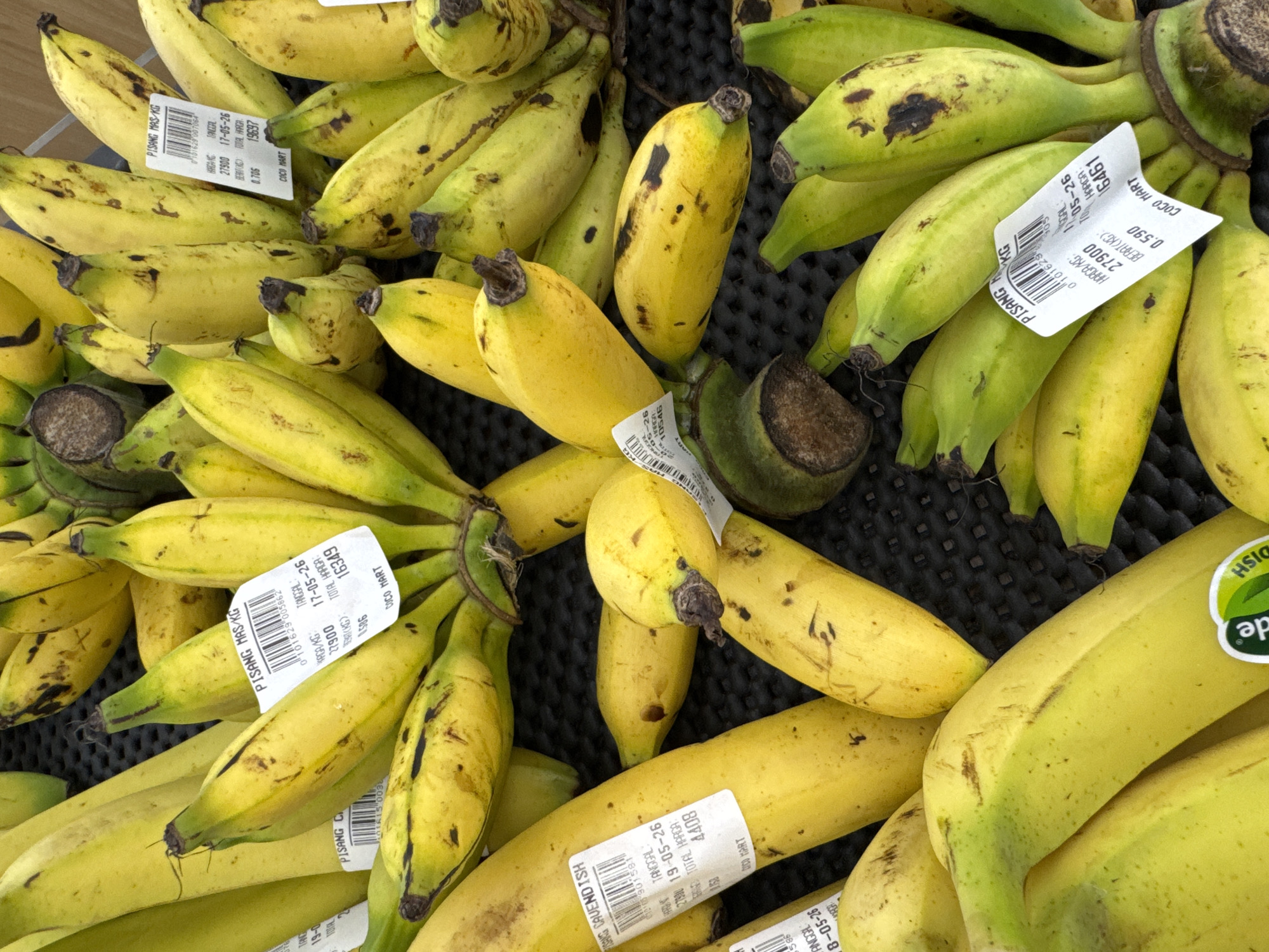 The image shows a pile of Pisang Mas bananas and Pisang Cavendish bananas for sale at a Coco Mart store in Kuta Selatan, Indonesia. The bananas are predominantly yellow and green in color, with some showing brown spots. Several bananas are tagged with price labels displaying the date of 17-05-26, 18-05-26 and 19-05-26, along with the weight and price per kilogram. They are displayed on a dark gray or black surface with a slightly textured pattern.