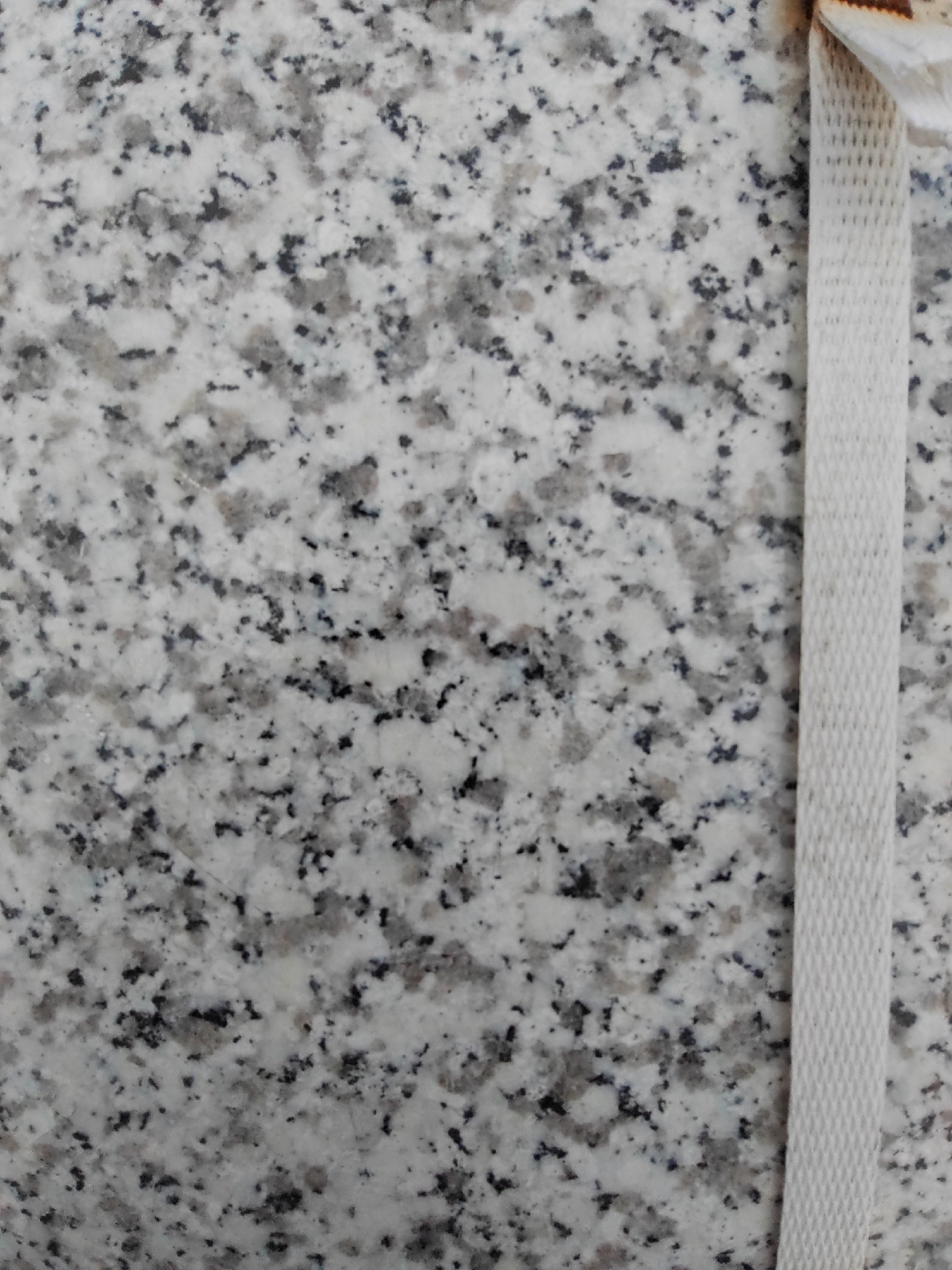 The image shows a close-up of a speckled, light-colored stone surface, likely granite, with a textured white strap running vertically along the right side. The stone exhibits a pattern of white, gray, and black flecks. The strap appears to be made of woven material and has a woven grid pattern. The scene appears to be an indoor setting or a close-up of a material, with no identifiable environmental features suggesting a specific location in Petropavlovsk-Kamchatsky, Russia. There are no people, actions, or interactions visible.