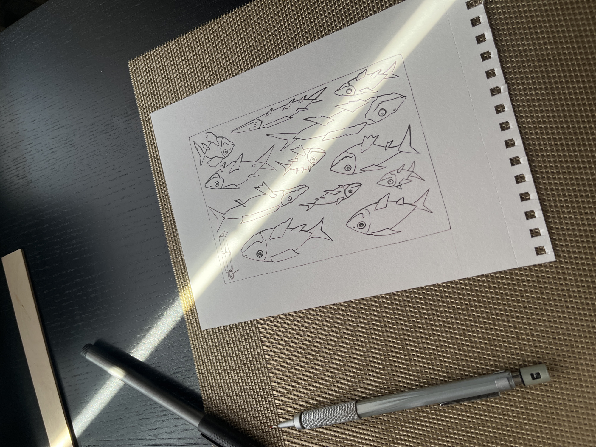 A sketch of numerous fish is depicted on a white, perforated notepad. The notepad rests on a brown woven placemat, which is positioned on a black, textured surface. A dark-colored pen and a silver mechanical pencil are placed adjacent to the notepad on the black surface. A sliver of a light-colored object lies partially visible to the left of the pen. A beam of light cuts across the scene from upper left to lower right. There is no indication of Krasnoyarsk, Russia.