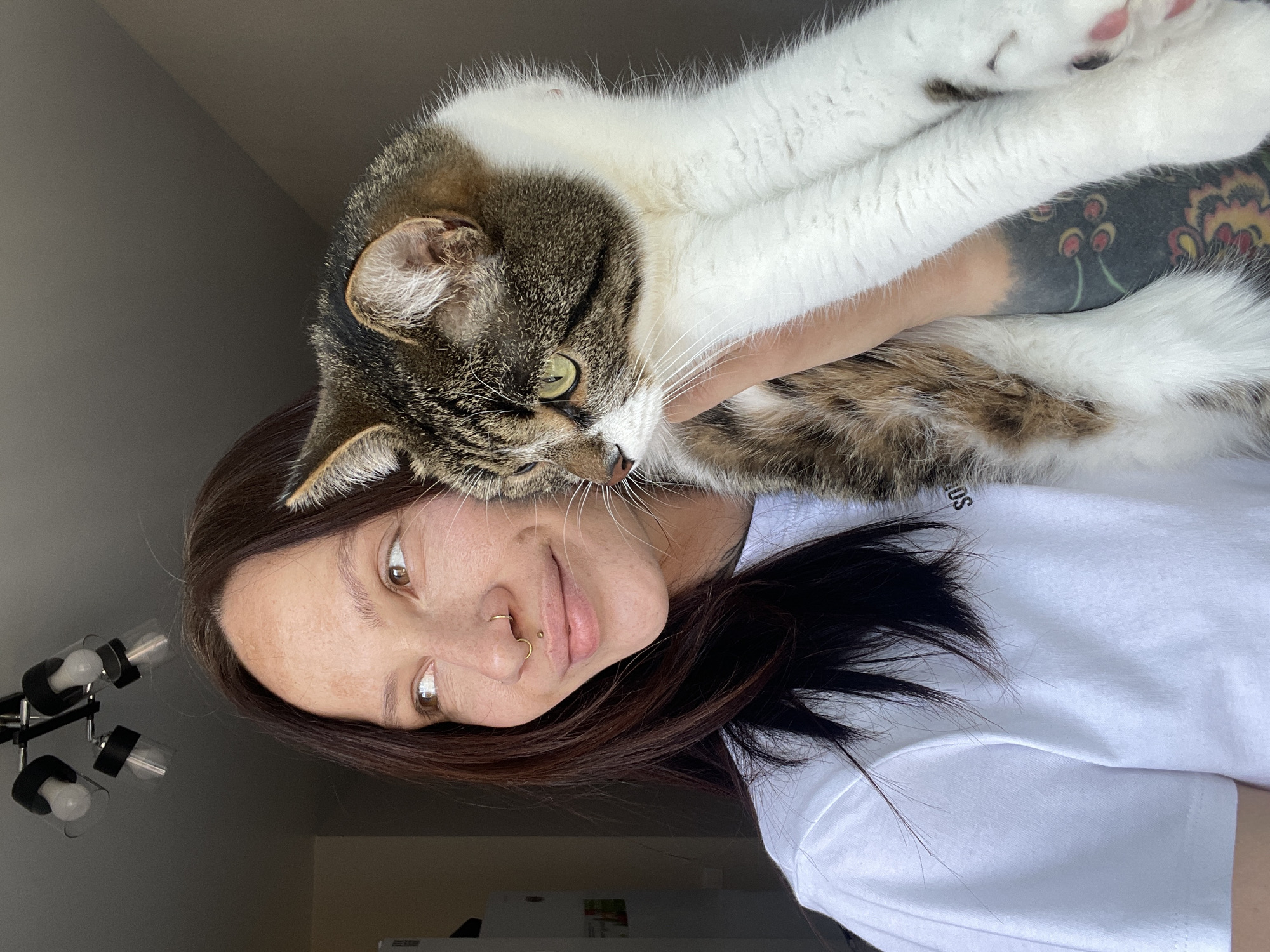 A woman is holding a cat. The cat is lying on her arm, and her arm has a tattoo. The woman is wearing a white t-shirt and has brown hair. The room has a light fixture with multiple bulbs, and there is a light gray wall. There is no information available about the city of Izhevsk, Russia.