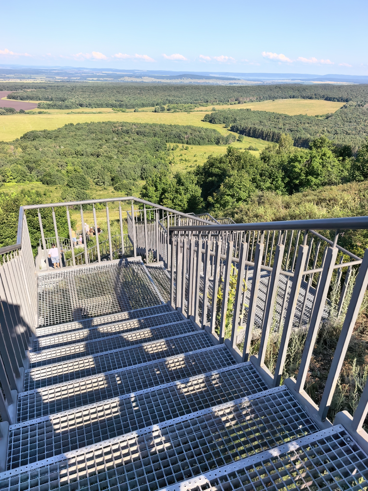 This is a high-angle, full-shot photograph taken on a sunny day, likely from an elevated viewpoint or observation deck, overlooking a vast, rolling landscape. The foreground is dominated by a metal staircase with grated steps, constructed from gray metal. The staircase appears to be part of an outdoor structure, possibly a tower or an observation platform. The steps cast sharp, striped shadows across the metal grating.
In the middle ground, several people are visible on a lower landing of the staircase. One individual, wearing a light-colored shirt and shorts, stands at the bottom of the visible section of the stairs, facing away from the camera. Other figures are further down the stairs, partially obscured by the railings.
The background reveals a sweeping panorama of a rural landscape. A dense, green forest covers the majority of the middle ground, interspersed with patches of bright green and yellow fields. The terrain appears to be gently undulating. In the far distance, the landscape fades into a hazy, blue-green expanse, suggesting hills or mountains under a clear, bright blue sky with a few wispy clouds. The image captures the essence of a scenic overlook in a natural setting. While the prompt mentions Akhmerovo, Russia, this specific detail cannot be visually confirmed from the provided image alone.
