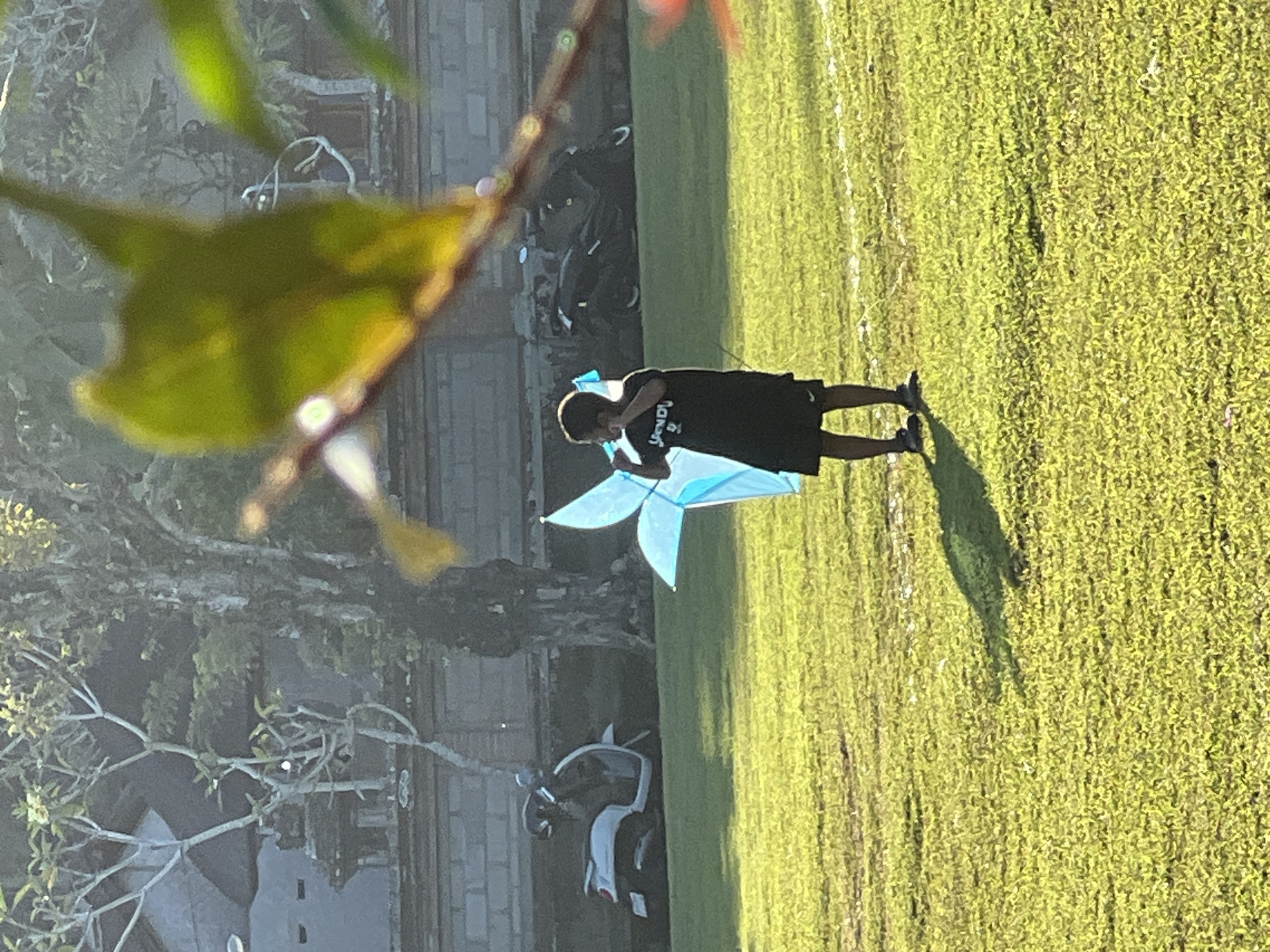 A young person stands on a vibrant green grassy field, holding a light blue, butterfly-shaped kite. The individual, dressed in a dark t-shirt with partially visible white text "Janyn" and dark shorts, has their back mostly to the viewer, looking slightly upwards. Long shadows extend from their figure across the field, indicative of a low sun angle, suggesting either early morning or late afternoon. The grass is brightly illuminated with a golden hue, contrasting with the slightly shaded background.
In the mid-ground, behind the grassy expanse, are traditional-style stone or concrete buildings, possibly temples or residences, partially obscured by trees and dense foliage. Several motorcycles or scooters are parked in front of these structures. The immediate foreground features out-of-focus green leaves and branches, framing the scene.
The image captures a serene outdoor moment, likely depicting preparation for or a pause during kite-flying in sunny weather. The architectural elements and lush greenery are consistent with the specified location of Ubud District, Indonesia.