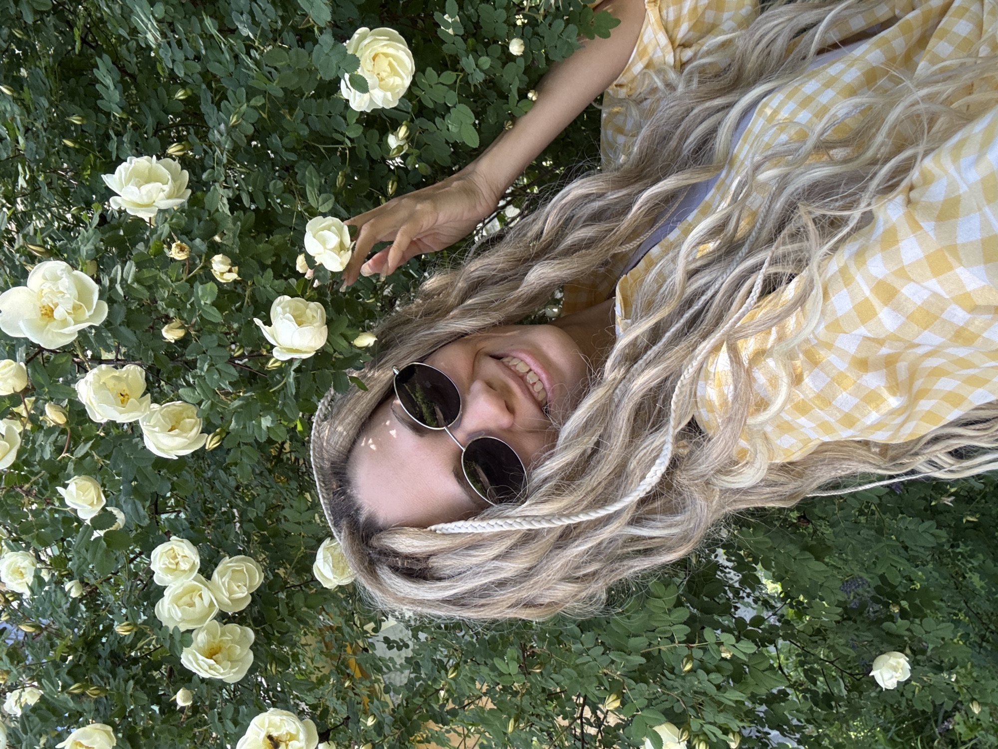 The image shows a woman from an overhead perspective, appearing to lie amidst a vibrant bed of white roses and lush green foliage. Her head is positioned towards the right side of the frame, smiling broadly with her teeth showing, and wearing round, dark sunglasses. Her long, wavy blonde hair, featuring lighter braided extensions, spills around her. She is dressed in a yellow and white checkered top or dress. Her right hand is visible, gently resting among the white roses near her head. The dense green leaves are dotted with numerous white or very pale yellow roses, some in full bloom and others still budding. The scene is brightly lit by natural sunlight, suggesting a clear daytime. The woman's joyful expression conveys happiness and contentment within this natural setting, possibly a garden in Rusanovo, Russia. No text is visible in the image.