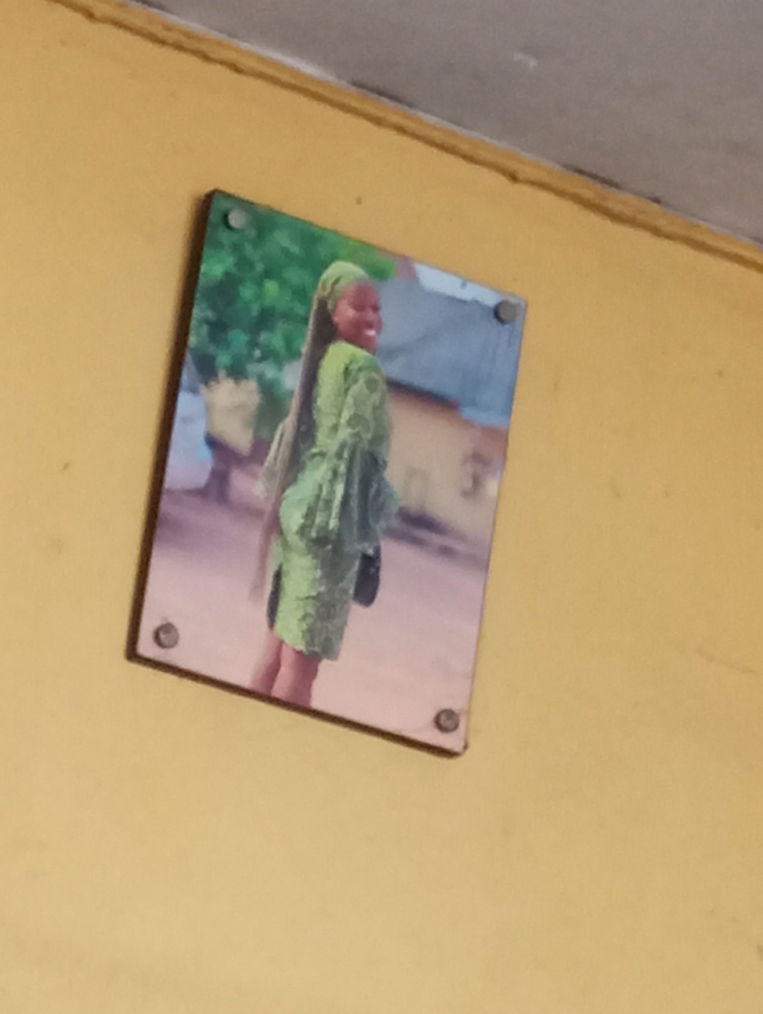 A rectangular framed photograph is mounted on a textured yellow wall, secured by two visible screws. The photograph depicts a young woman wearing a green headscarf and a matching green dress with bell sleeves. She is smiling and looking over her shoulder to her right. The background of the photograph is blurred, showing greenery and indistinct structures. The wall appears to be indoors, possibly in a residential or community space.