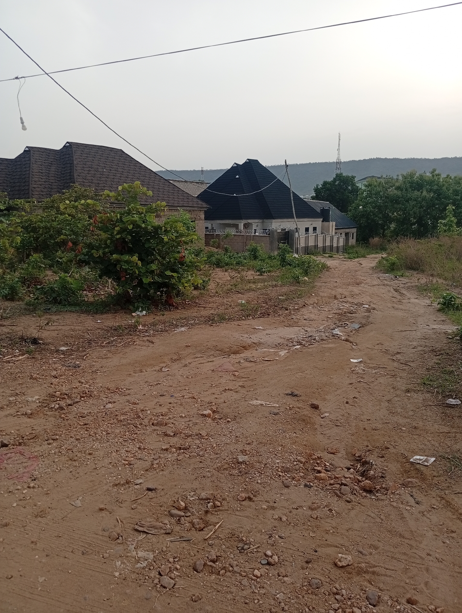 The image depicts a dirt road in Adankolo, Nigeria. The road is uneven, with loose dirt and rocks covering its surface. On either side of the road, there is vegetation, including small trees and shrubs. In the background, there are several houses, some with dark roofing and fences. A distant hill can be seen behind the houses. Overhead, electrical wires run across the sky. The sky is overcast, suggesting it is either early morning or late afternoon. There are no people visible in the image.