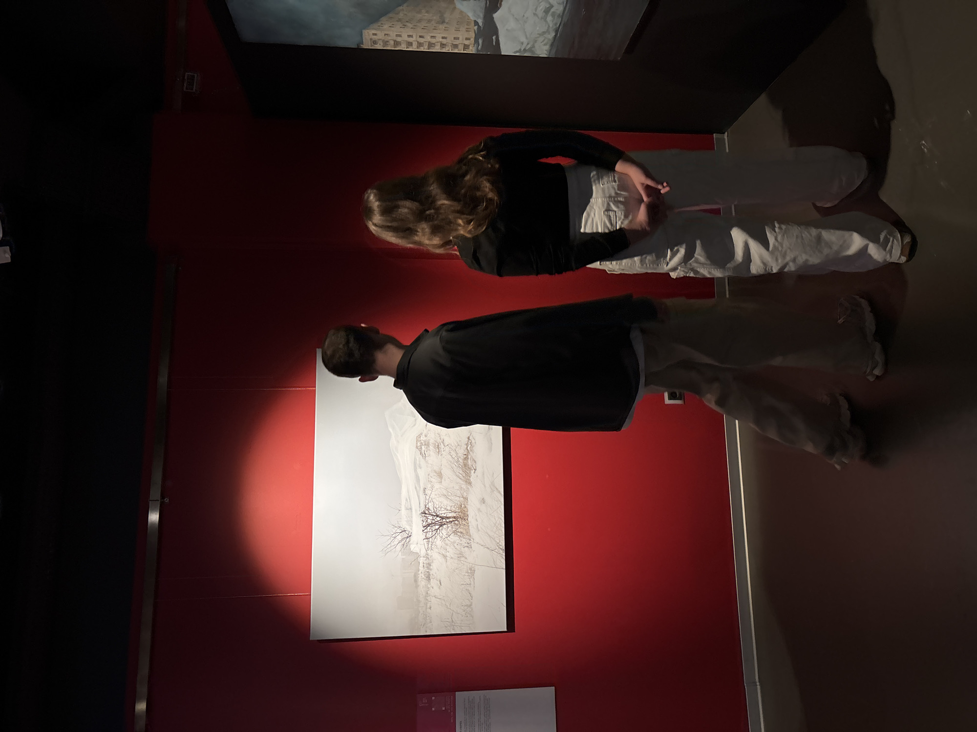 Two individuals are viewing artworks in what appears to be a museum or gallery. The walls are painted a deep red. One individual, with dark hair, is closer to a painting depicting a winter landscape with a skeletal tree in the foreground. The second individual, with long blonde hair, is viewing another painting with a light-colored building in the background. Both individuals are dressed casually. The setting suggests an indoor art exhibition. It is not possible to discern if this image was taken in Saint Petersburg, Russia.