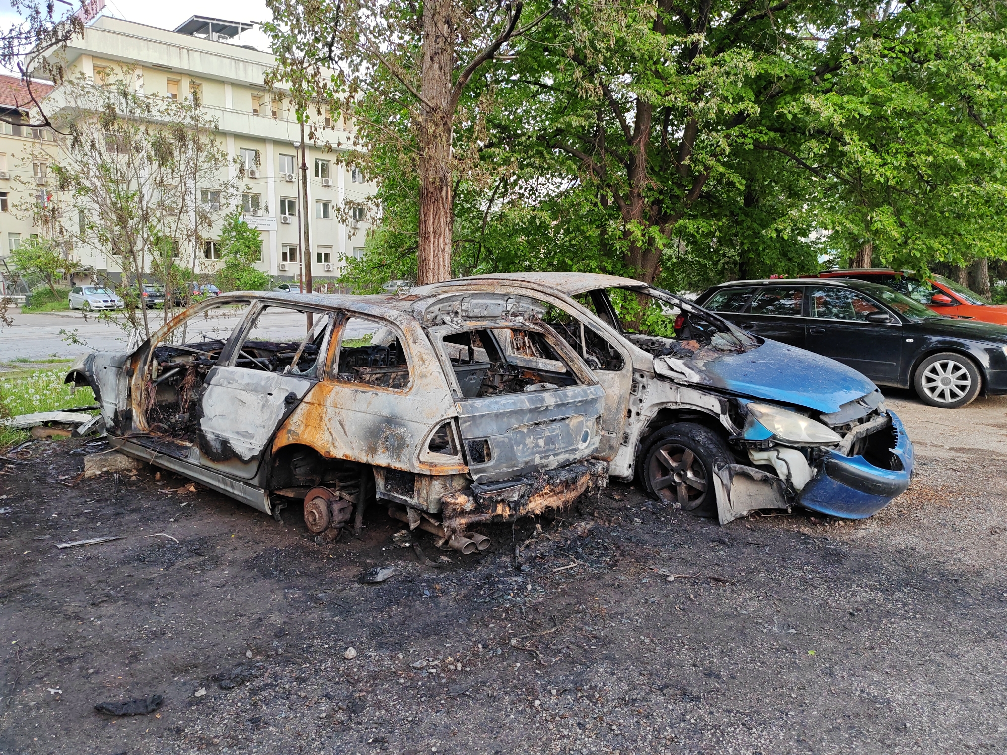 Two severely damaged and burnt-out cars are parked adjacent to each other on a gravel surface. The car on the left is almost completely destroyed, with significant rust and charred remains. The car on the right is also heavily damaged but retains some identifiable features, including the blue hood and one intact headlight. Behind the burnt cars, two undamaged cars (black and orange) are parked. The scene is set against a backdrop of trees and a multi-story building. The location is the city of Sofia, Bulgaria.