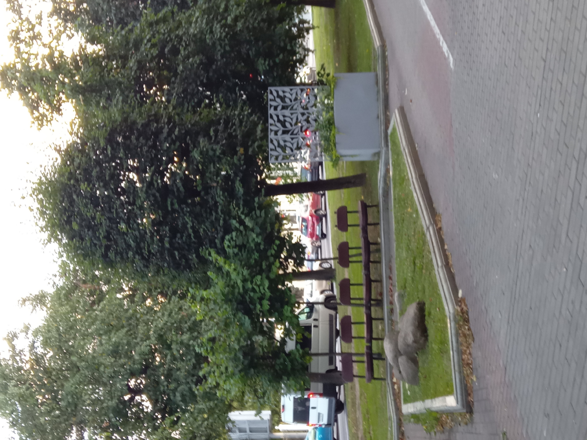 This media file depicts an outdoor scene, likely in Minsk, Belarus, with a strong emphasis on greenery and urban elements. The primary subjects are the large, lush trees that dominate the left side of the frame, their leaves dense and casting dappled shadows. Interspersed among the trees are glimpses of vehicles, suggesting a road or parking area bordering the green space.
In the foreground, a row of dark brown benches is visible, arranged along a grassy strip. These benches appear to be made of wood and metal, with a utilitarian design. Next to the benches, a grey, modern-looking planter box is situated, adorned with a decorative metal screen featuring a leaf pattern. Some small green plants are growing within this planter. Further along the grassy area, a large, grey rock or sculpture is present, adding a natural or artistic touch to the setting.
The background reveals more of the urban environment. Vehicles, including a white van and at least one red car, are seen on a paved road. The road itself is lined with grey paving stones, typical of many urban areas. A white line marking is visible on the road, indicating a lane or boundary. The sky is a bright white, suggesting it is daytime, possibly late afternoon or early morning due to the quality of light filtering through the trees. The weather appears to be fair, with no obvious signs of rain or harsh sunlight.
The scene gives a sense of a public space, possibly a park or a rest area along a street, where people might sit and observe the surroundings or wait for transport. There is no visible text in the image. The overall mood is tranquil and green, offering a contrast between the natural elements of the trees and grass, and the man-made structures of the benches, planter, and road.