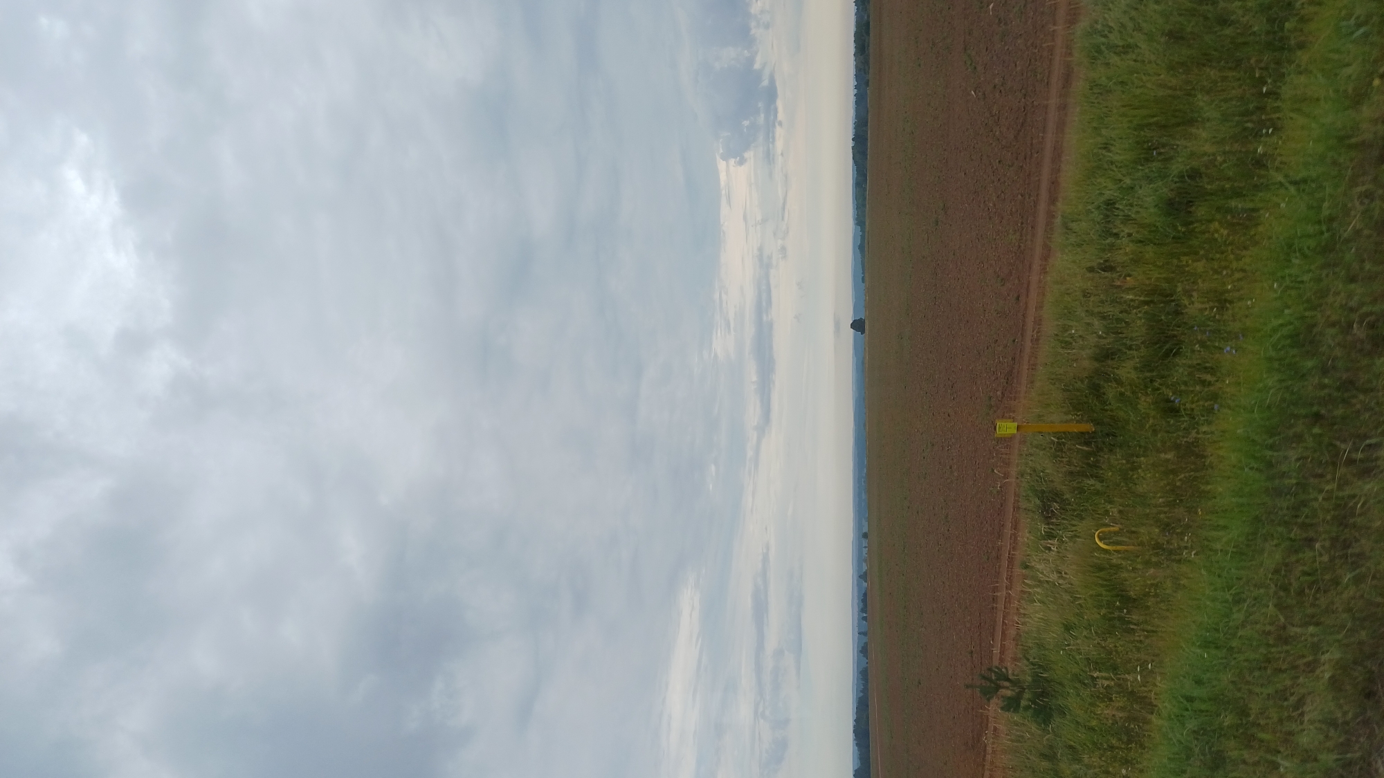 The image shows an overcast sky with scattered clouds above a vast, brown agricultural field. In the foreground, a strip of green grass and vegetation runs along the bottom of the frame, with a small pine tree on the left. Two yellow markers, one upright and one U-shaped, are visible in the grassy area. In the middle distance, a dirt road or track separates the grassy verge from the tilled field. The horizon line is low, with a distant tree visible in the center-right of the frame, and a faint treeline and hazy landscape beyond. The overall impression is of a rural, agricultural landscape under a cloudy sky. The location is identified as Киясово, Russia.