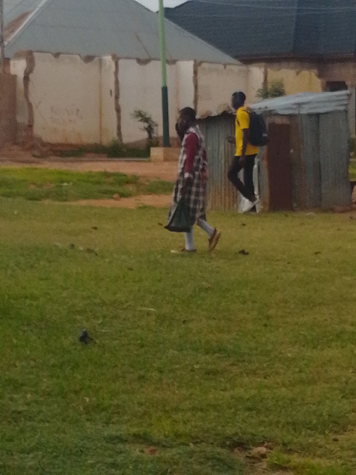 The image depicts an outdoor scene on a grassy area with a building in the background. Two individuals are visible. On the left, a person wearing a plaid shirt and a dark skirt walks from left to right. On the right, a person wearing a yellow t-shirt and black pants walks from right to left, carrying a black backpack. The environment includes green grass, a portion of a building with a corrugated metal roof, and a light-colored wall. A single dark object, possibly a bird, is present on the grass in the foreground. The image appears to be taken in Gombe, Nigeria.