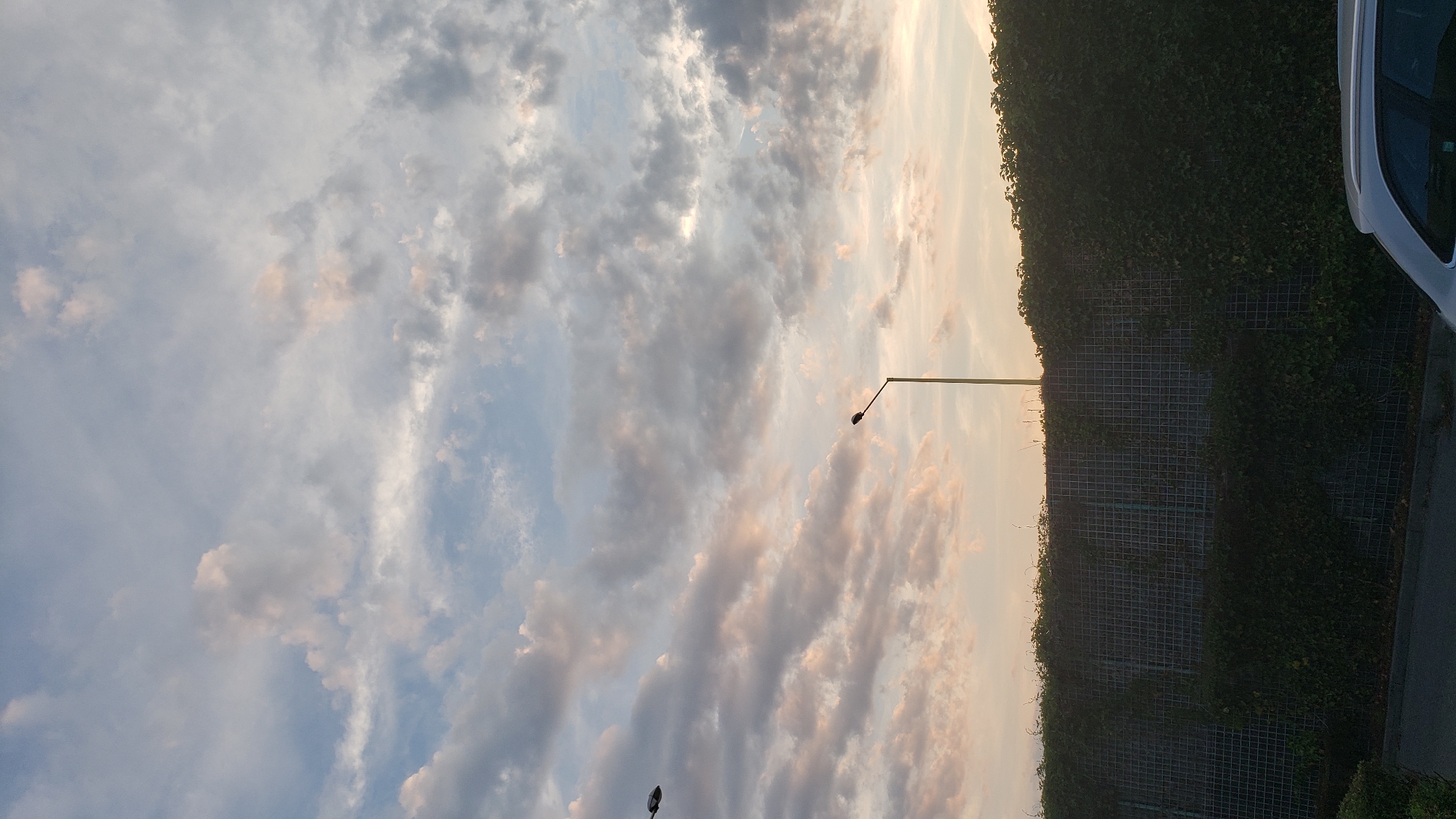 The image depicts a view towards the sky with a sunset, featuring scattered clouds tinged with pink and orange hues. In the foreground, a tall, slender lamppost stands vertically. Below the lamppost, a densely vegetated wall, possibly a sound barrier, is visible, covered in ivy and supported by a wire mesh fence. To the far right of the frame, a portion of a silver car is visible. The scene appears to be an outdoor urban or suburban setting, possibly along a road. The specific location in Prešov, Slovakia, is not discernible from the visual information provided.