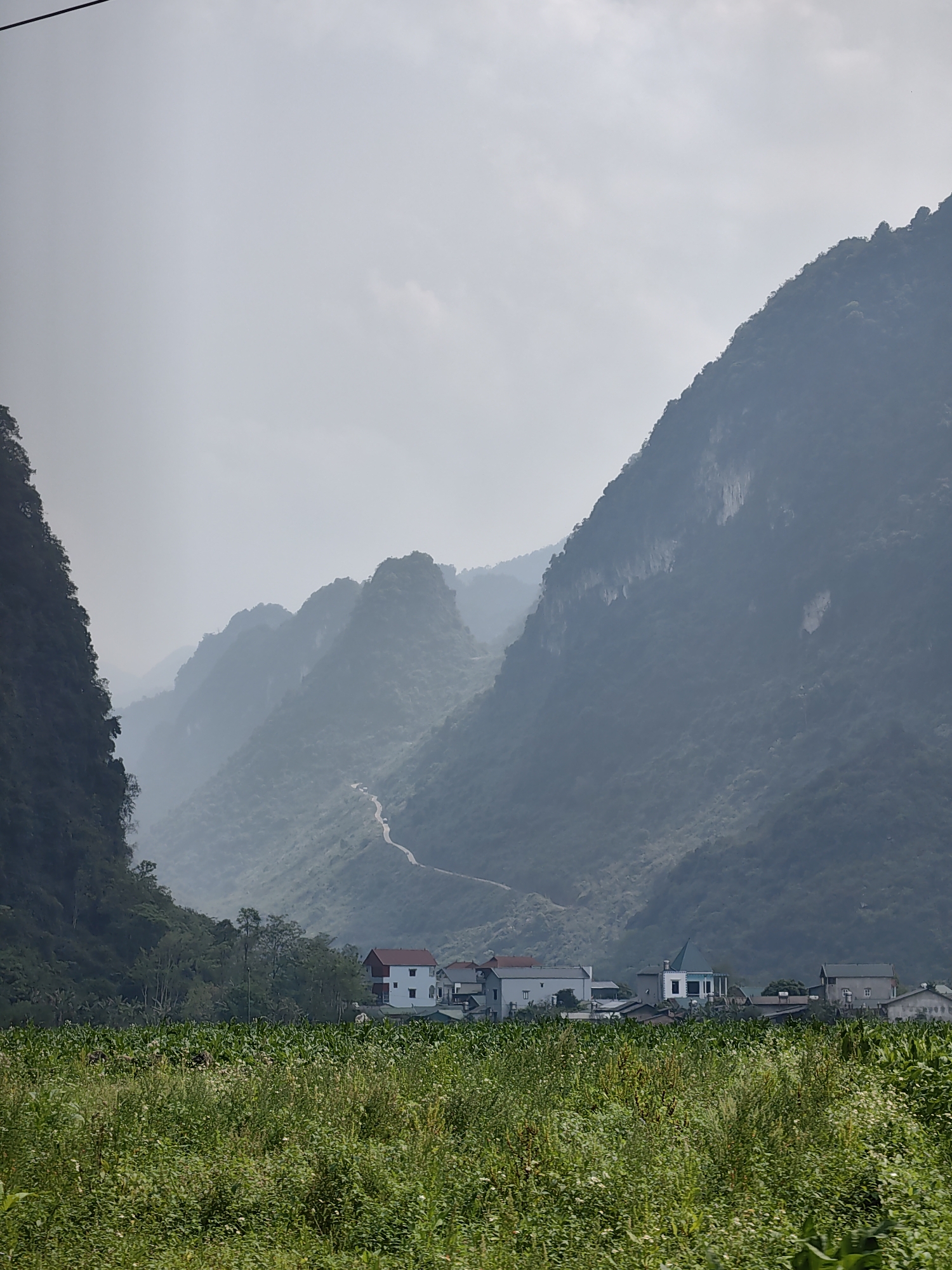 The image shows a rural landscape in Xã Trường Hà, Vietnam. In the foreground, there is a field of green vegetation, possibly crops. Behind the field is a cluster of buildings, likely houses, with a few featuring red roofs. A winding road ascends a series of misty, green mountains in the background. The sky is overcast.