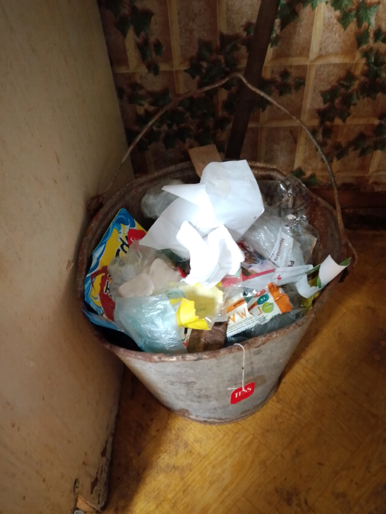 An outdoor, medium shot shows a rusted metal bucket filled with trash, including crumpled paper, plastic wrappers, and a blue plastic bag. A red tea tag with "TESS" printed in white lettering is attached to the outside of the bucket. The bucket is positioned on a wooden floor next to a light-colored wall and a patterned wall with dark green leaves and brown branches. A dark pole is visible extending upwards behind the bucket. The scene appears to be in an indoor setting, possibly a storage area or utility space, rather than in the city of Ленінскі сельскі Савет, Belarus.