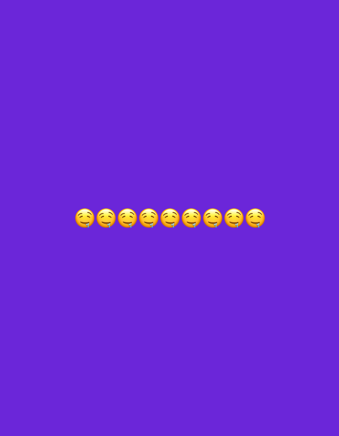 There are nine drooling face emojis arranged horizontally in a line against a purple background. The emojis are yellow with open mouths and green drool hanging from their tongues.