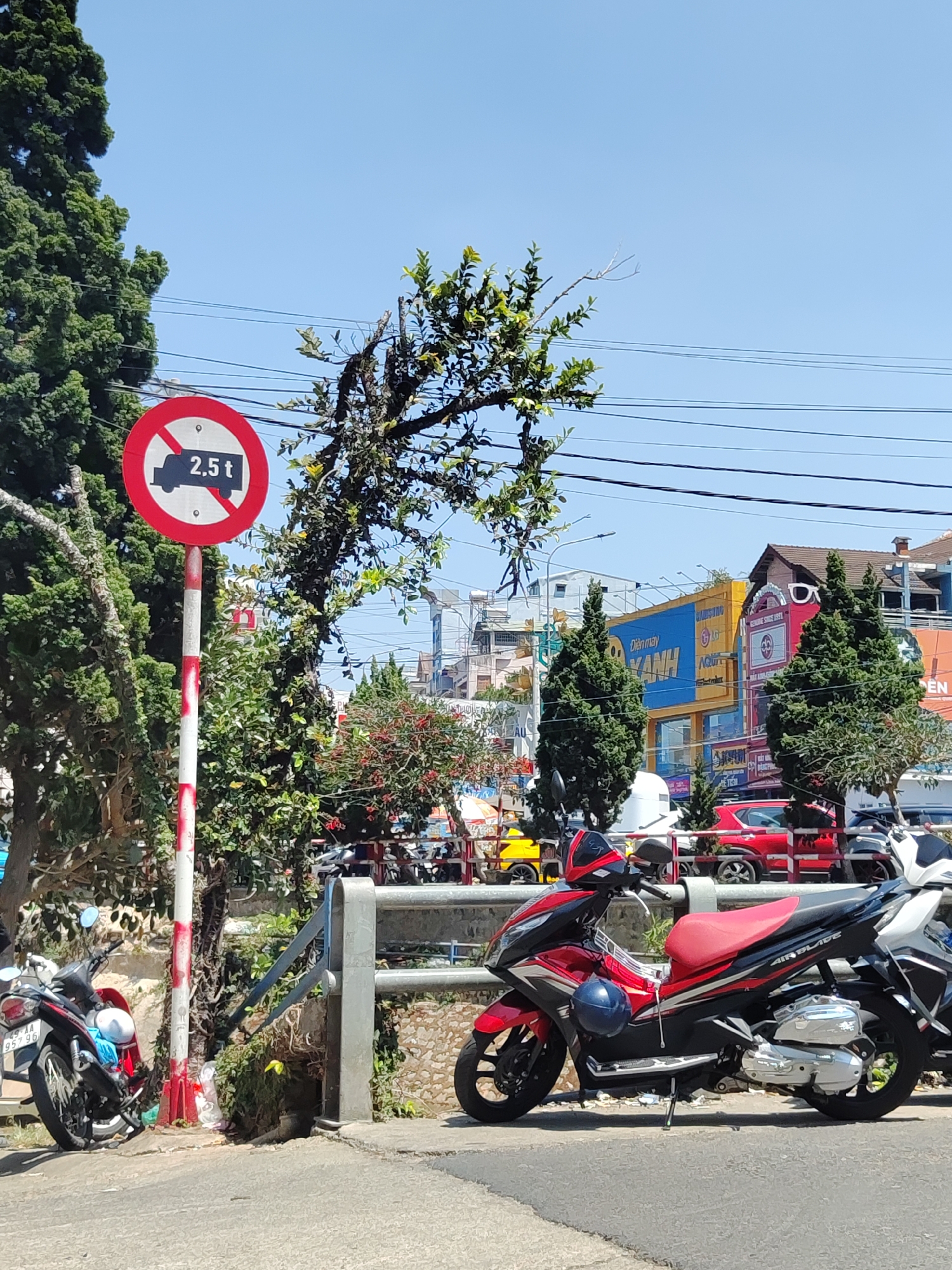 The image shows a street scene in Da Lat, Vietnam. A red and white striped sign with a red circle and diagonal line over a truck icon with "2.5t" is visible. The sign is obscured by tree branches. A red and black motorcycle is parked near a metal guardrail. Another motorcycle is parked on the left side of the image. In the background, there are buildings with signs in Vietnamese, including one with "DIENMAY XANH" and "SAMSUNG" visible. The sky is blue and clear. The environment appears to be urban with a mix of vegetation and structures.