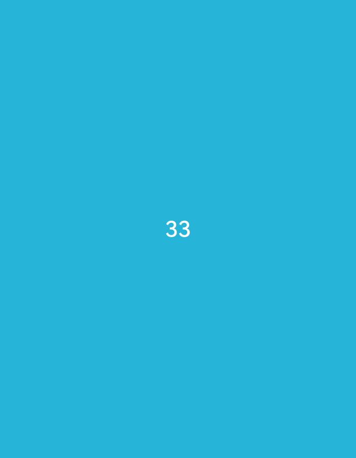 The image displays a uniform, solid blue background. Centered horizontally and positioned slightly above the vertical midpoint of the frame is the number "33," rendered in white, sans-serif text. No other discernable objects, subjects, figures, or environmental details are present. The image provides no information related to a specific geographical location, architectural elements, or any form of activity or interaction.