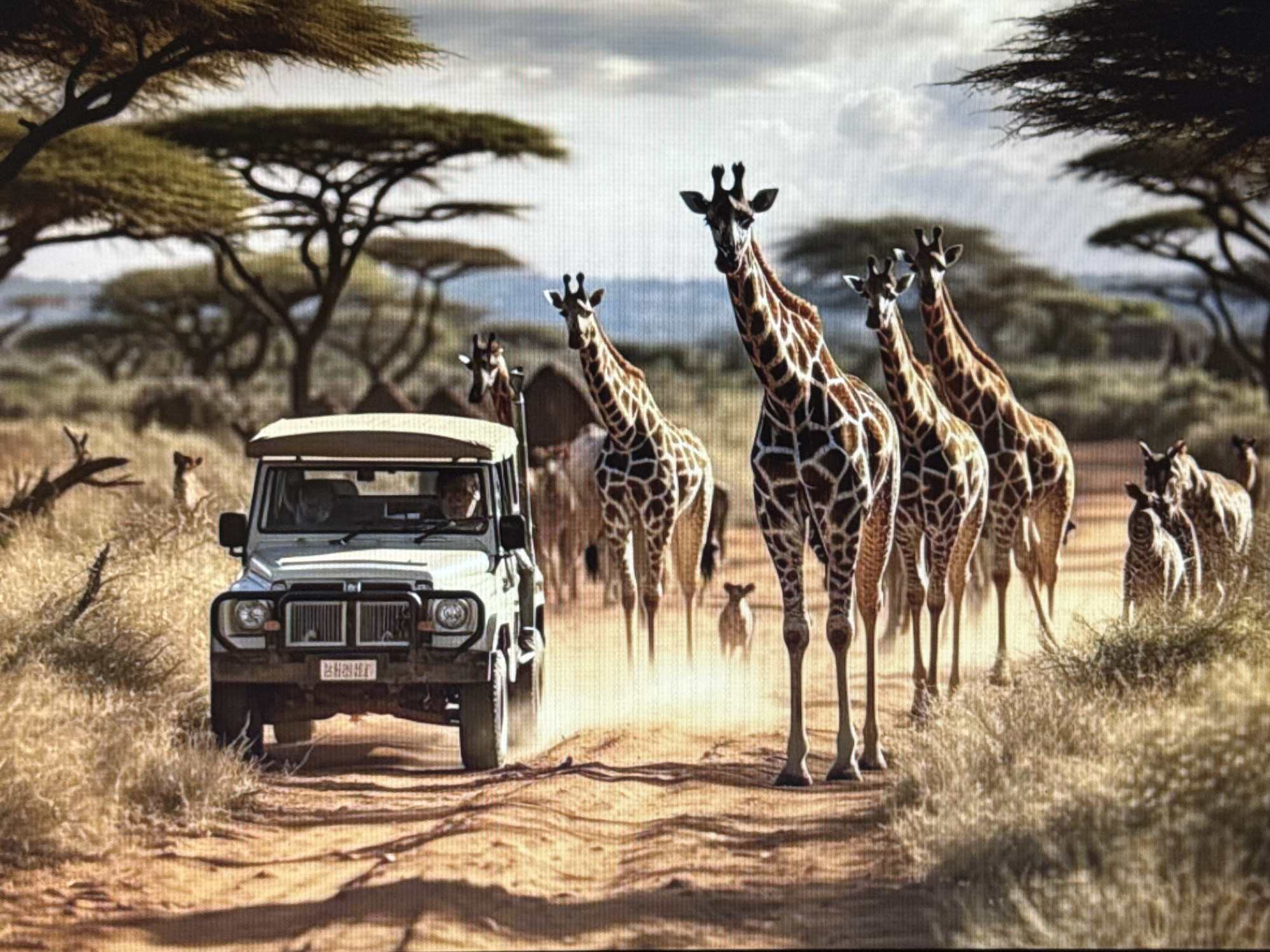 A safari vehicle is parked on a dirt road in an African savanna. The vehicle is white and has a tan roof. It is facing left, and its front is slightly angled toward the viewer. Several giraffes are standing in the background, and some of them are walking toward the vehicle. The giraffes are tall and slender, with long necks and spotted coats. They are all facing the vehicle, and some of them appear to be curious about it. The savanna is dry and dusty, with scattered acacia trees and tall grass. The sky is cloudy, and the sun is shining. The overall mood of the image is peaceful and serene, with a sense of adventure and exploration.