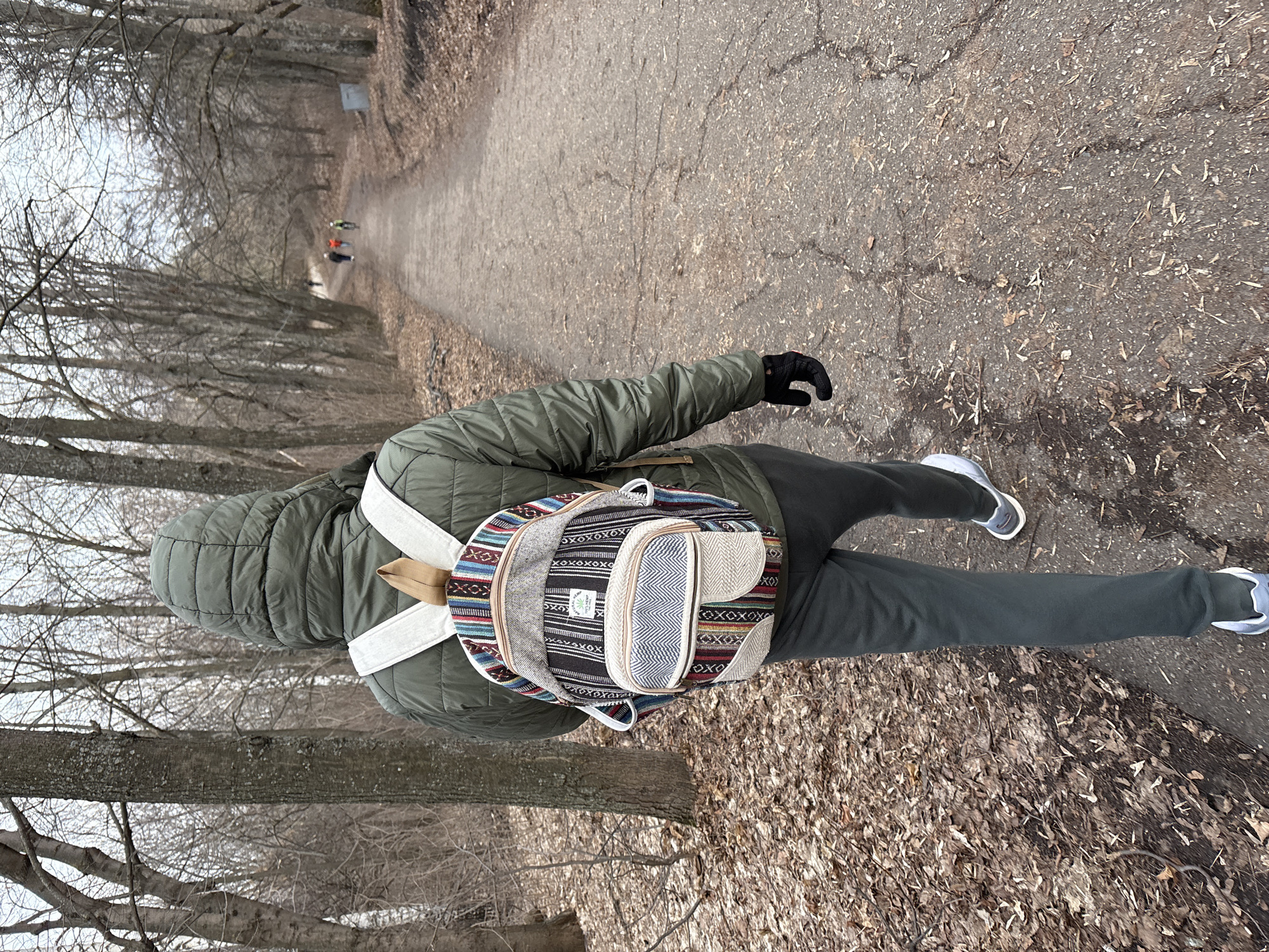 The image depicts a person standing on a path in a park-like setting. The person is wearing a green quilted jacket, dark green pants, and white and gray sneakers. They also have a patterned backpack on their back and a black glove on one hand.
The path is made of cracked asphalt or concrete and is covered with fallen leaves and debris. On either side of the path are bare trees, suggesting it is either late fall or early spring. In the distance, further down the path, there are other people.
Without more specific details, a definitive location within the city of Ulyanovsk, Russia cannot be determined.