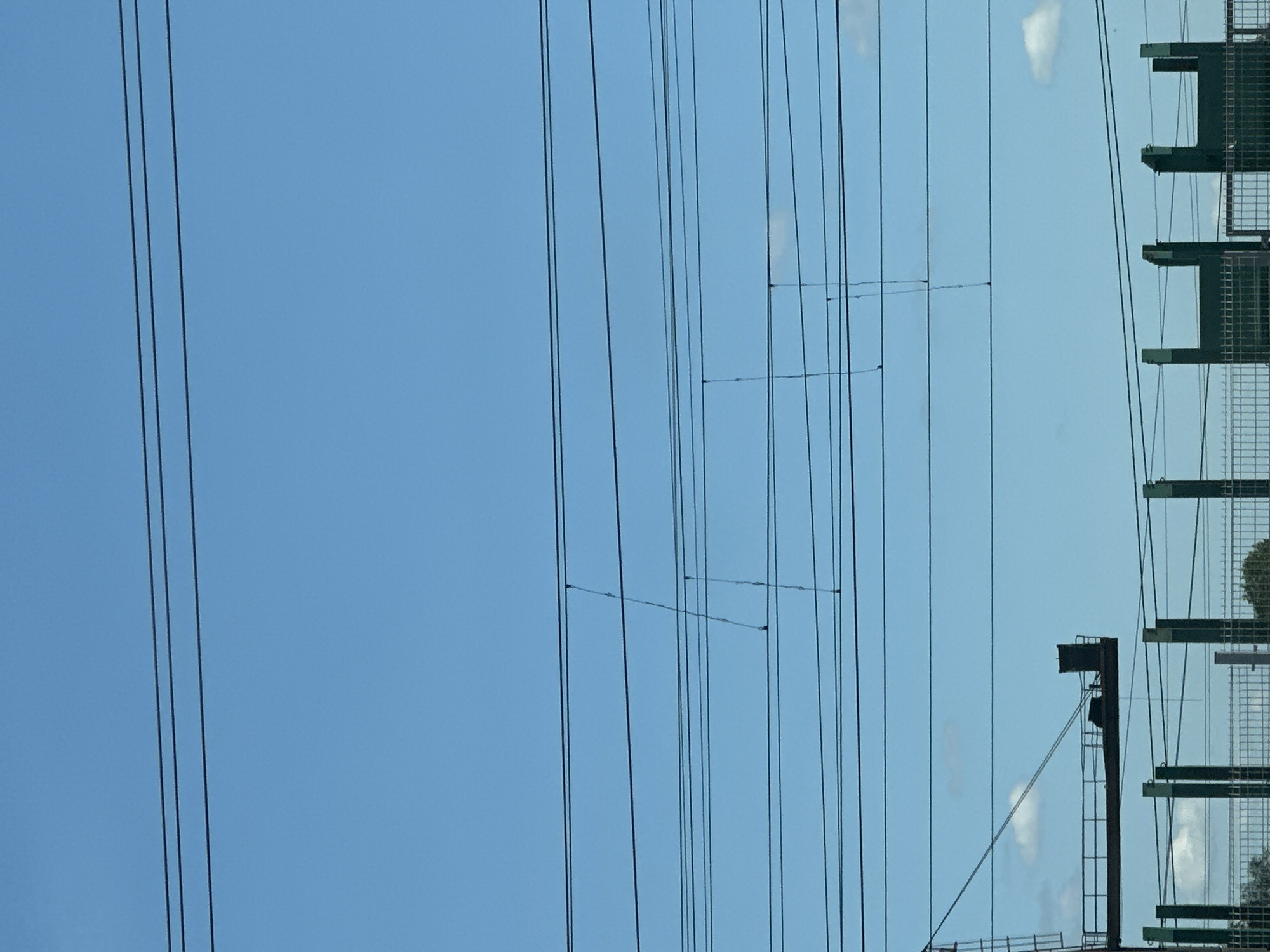 The image shows a clear blue sky with multiple parallel electrical wires stretching across the frame. In the lower section of the image, there are some industrial structures with green supports and fencing. There are no people visible in the image. The scene appears to be an outdoor, possibly urban or industrial, environment with overhead electrical infrastructure. The crops provide closer views of the wires and some of the structures.