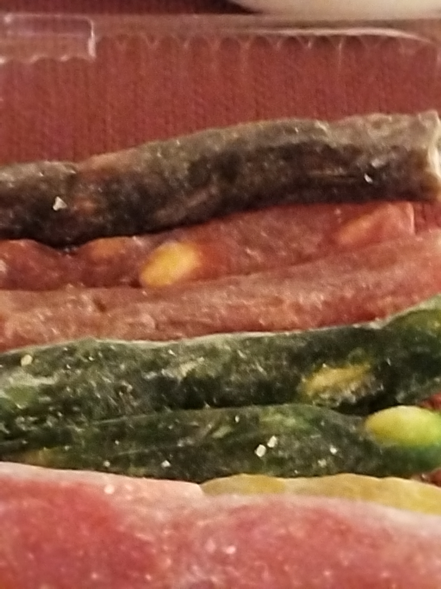The image shows a close-up of several layers of food items. The topmost layer appears to be a dark, elongated object with a slightly rough texture, possibly a jerky stick or dried meat. Below this is a layer of a reddish-pink food, possibly a fruit roll or candy, with some lighter yellow inclusions. The next layer is a vibrant green, textured object, resembling a rolled snack or vegetable product, also with some lighter yellow specks. The bottom layer is a solid mass of reddish-pink food, similar in color to the layer above it. The background is a textured reddish surface, possibly a tablecloth or packaging material. The image lacks any contextual environmental details that would allow for identification of its location within Лесной Край Кп, Russia.