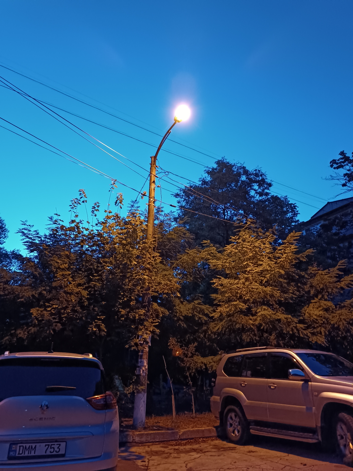 The image depicts a street scene at dusk or night in Chișinău, Moldova. A single street lamp illuminates the area, casting a warm glow on the surrounding trees and a utility pole. Two vehicles are parked on the street: a silver SUV on the left with a visible license plate reading "DMM 753", and a beige SUV on the right. Power lines are strung across the clear blue sky above. A building with a grey roof is partially visible on the far right, with some greenery or vines covering its facade. The ground appears to be paved with cobblestones or similar material.