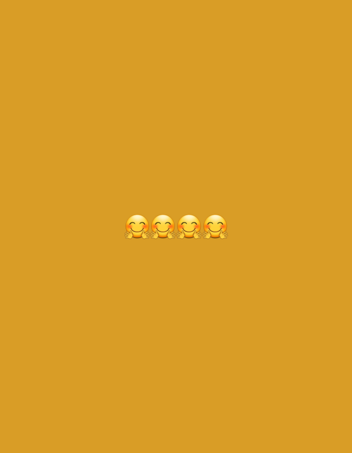 Four yellow smiling face emojis with closed eyes are arranged in a horizontal line in the center of the frame. Each emoji has its arms outstretched, appearing to offer a hug. The background is a solid, muted orange color.